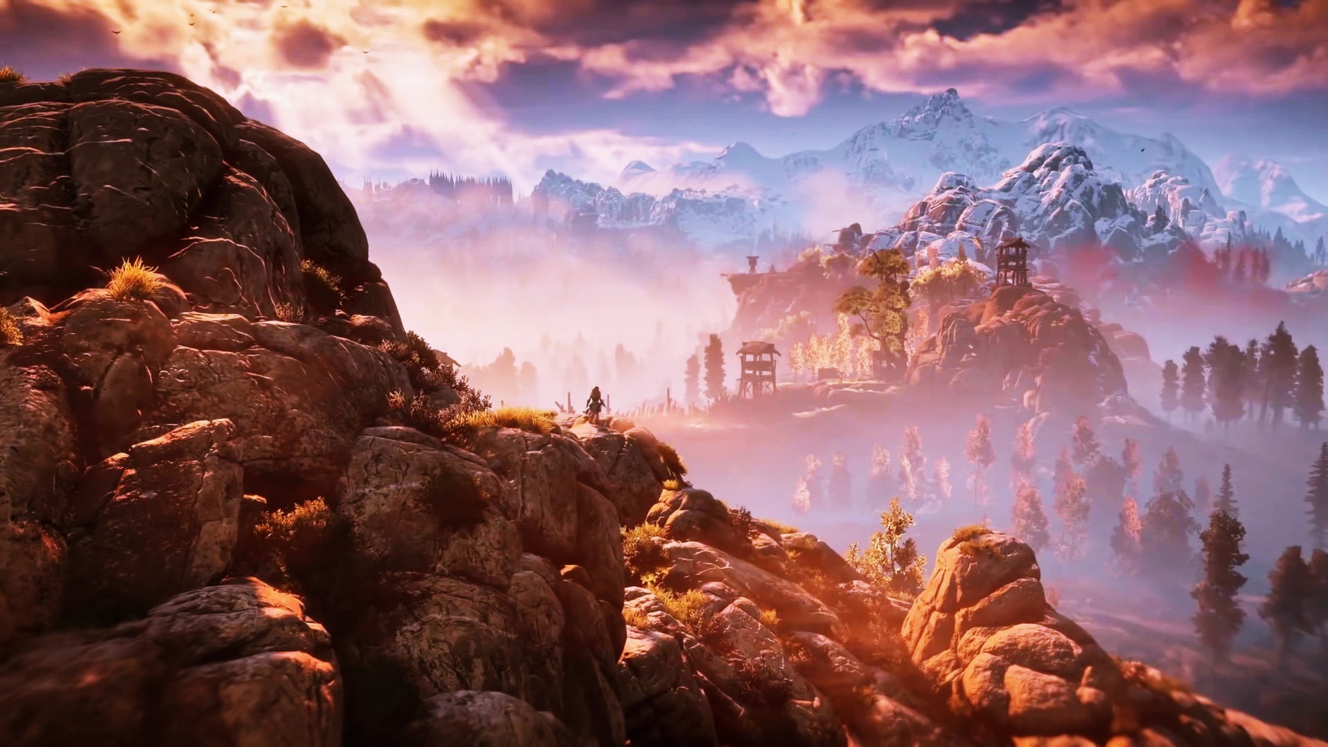 Horizon Zero Dawn, Paesaggio, Montagne, Tramonto, Full HD, sfondo per PC
