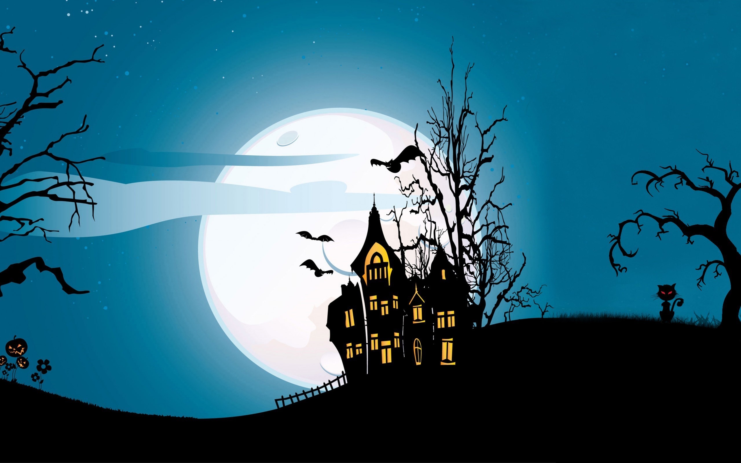 Casa stregata, Luna piena, Pipistrelli, Illustrazione, 2K, sfondo Windows 11