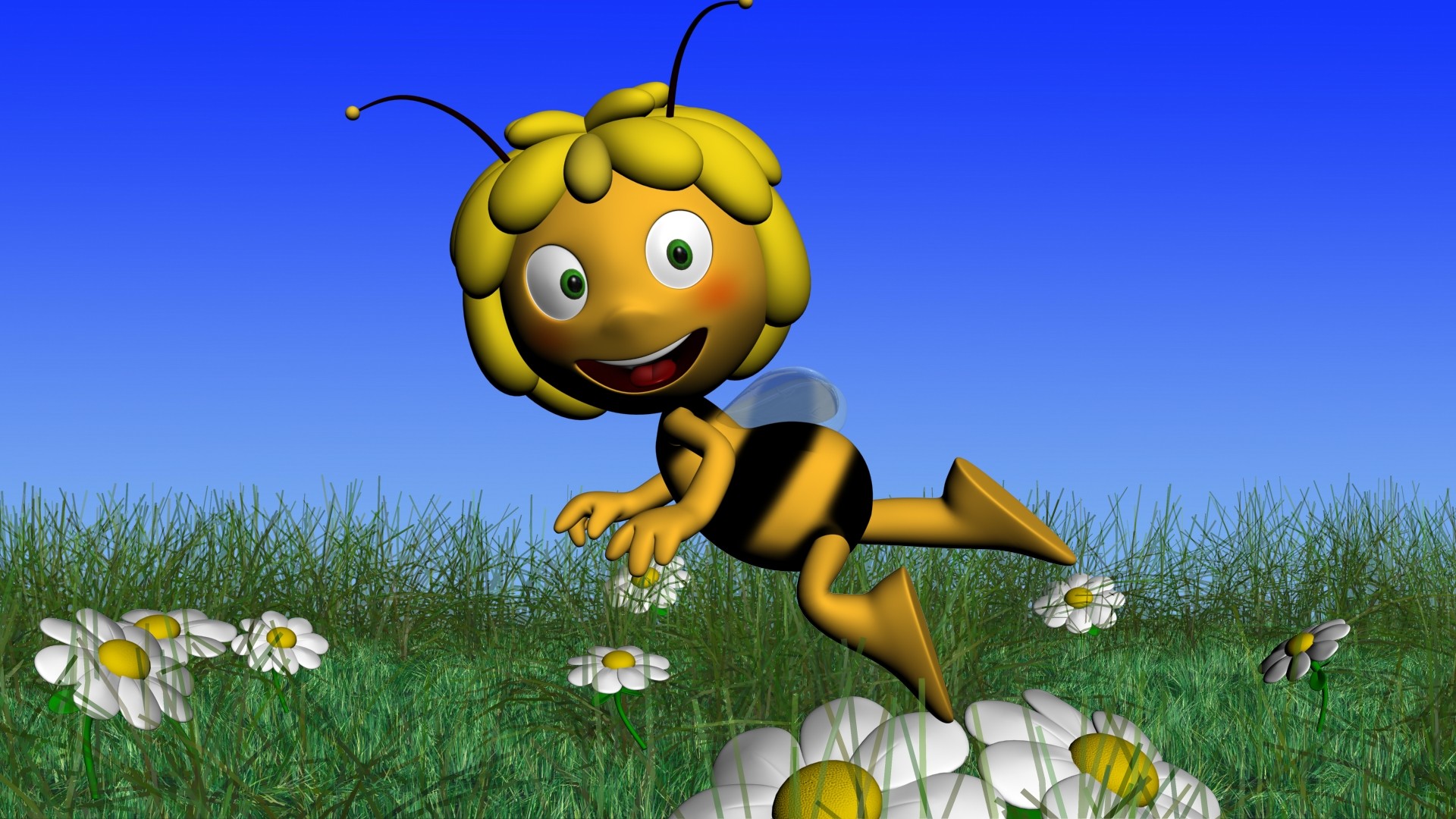 Ape Maia, Margherite, Prato, Rendering 3D, Full HD, sfondo per portatile