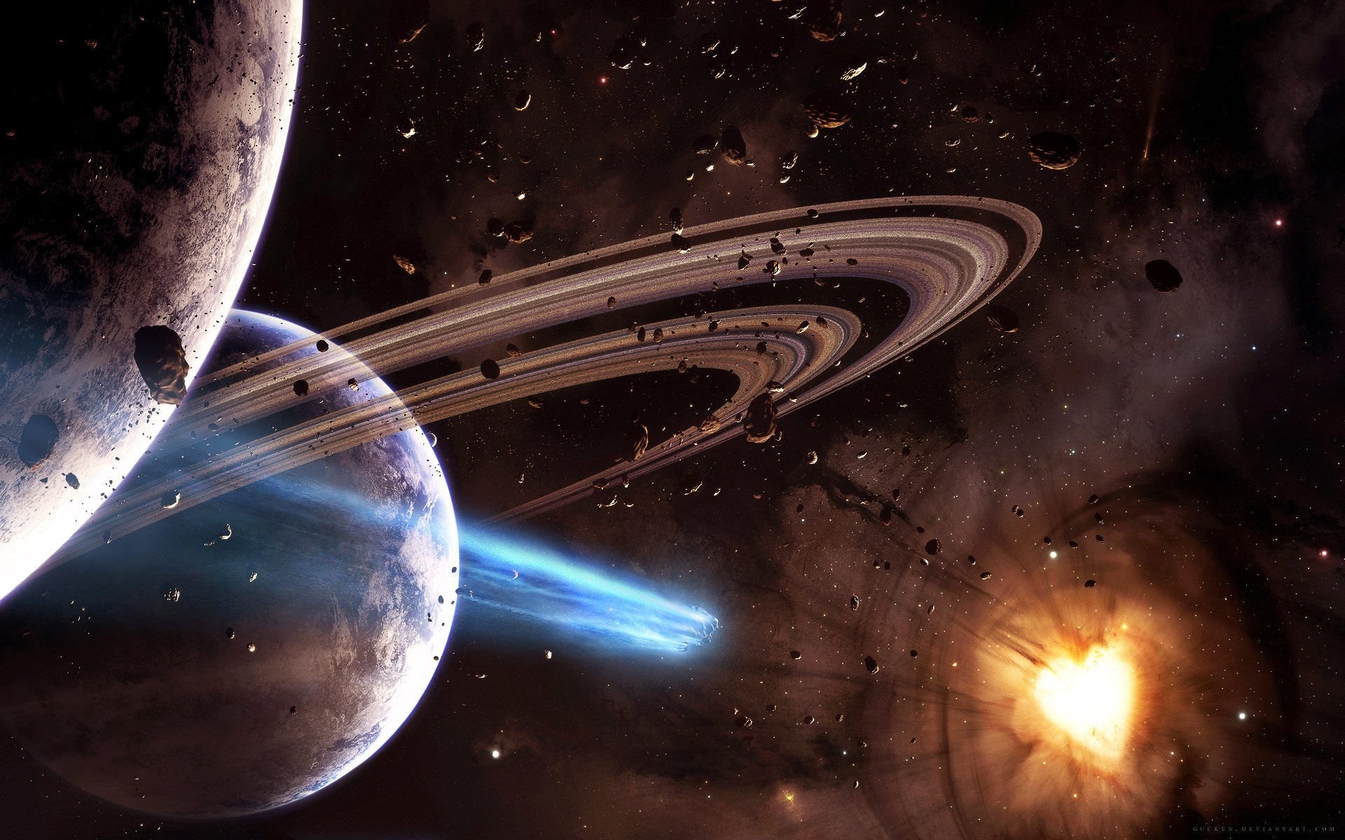Pianeta con anelli, Asteroidi, Cometa, Spazio, Full HD, sfondo Windows 11