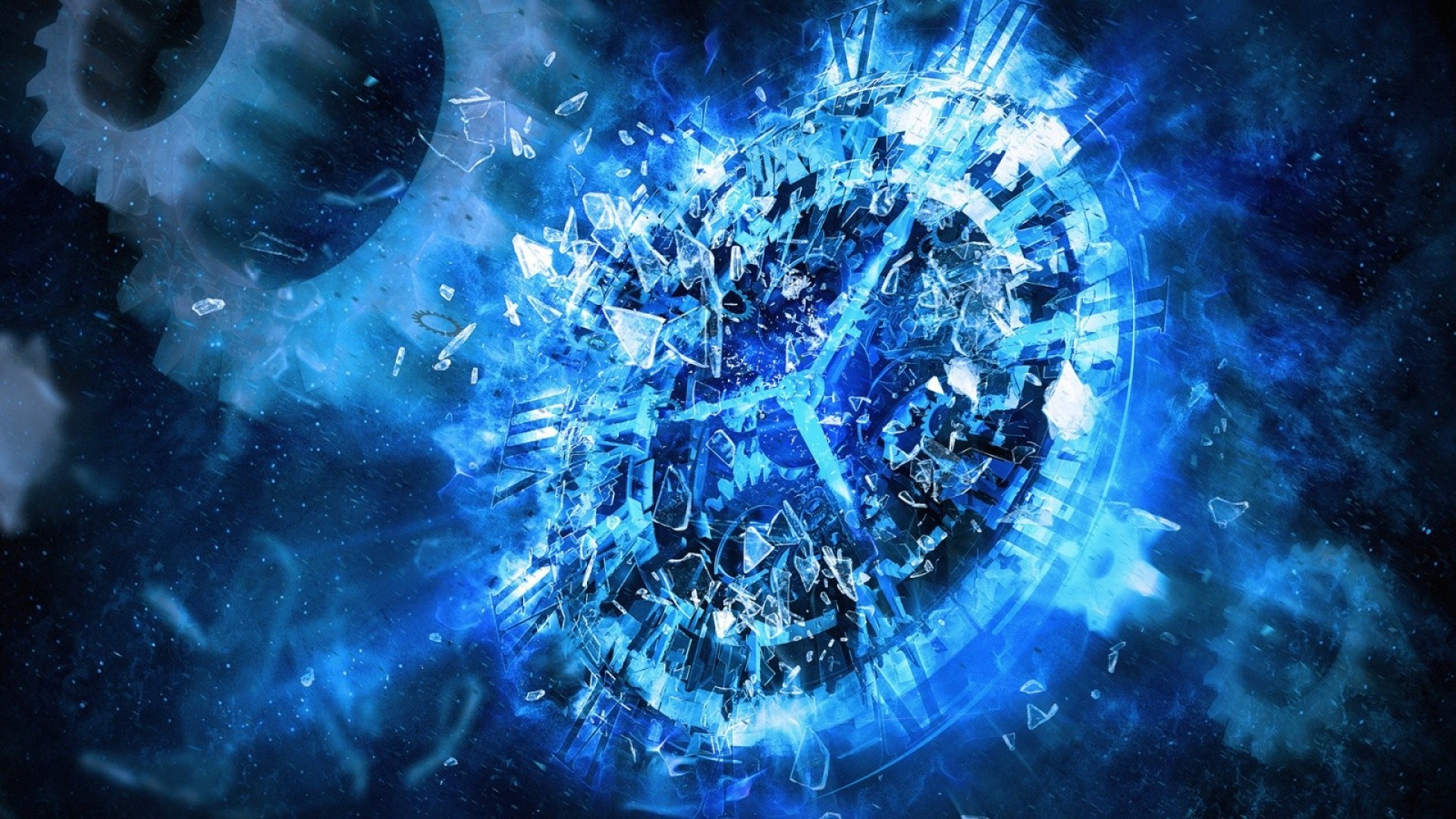 Orologio in frantumi, Vetro, Blu, Arte digitale, Full HD, sfondo per desktop