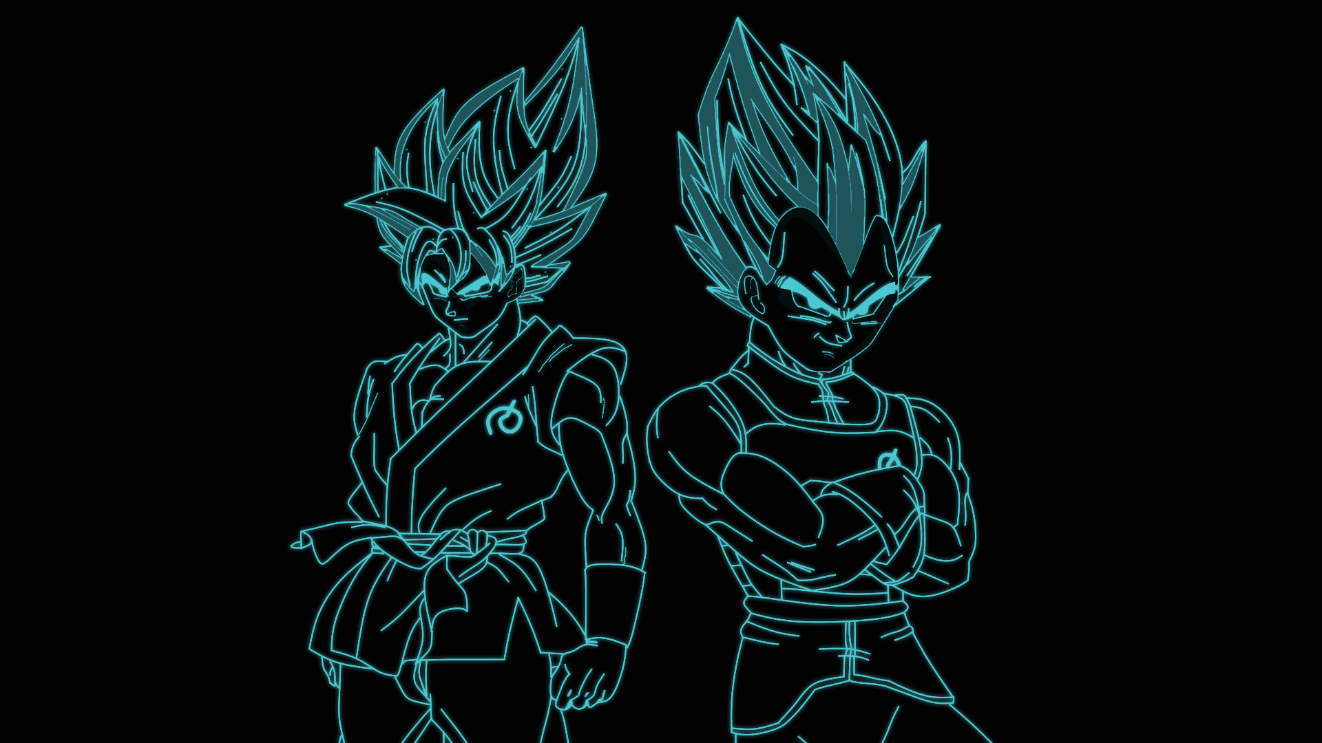 Goku, Vegeta, Contorni neon, Sfondo nero, Dragon Ball Super, Full HD, wallpaper desktop