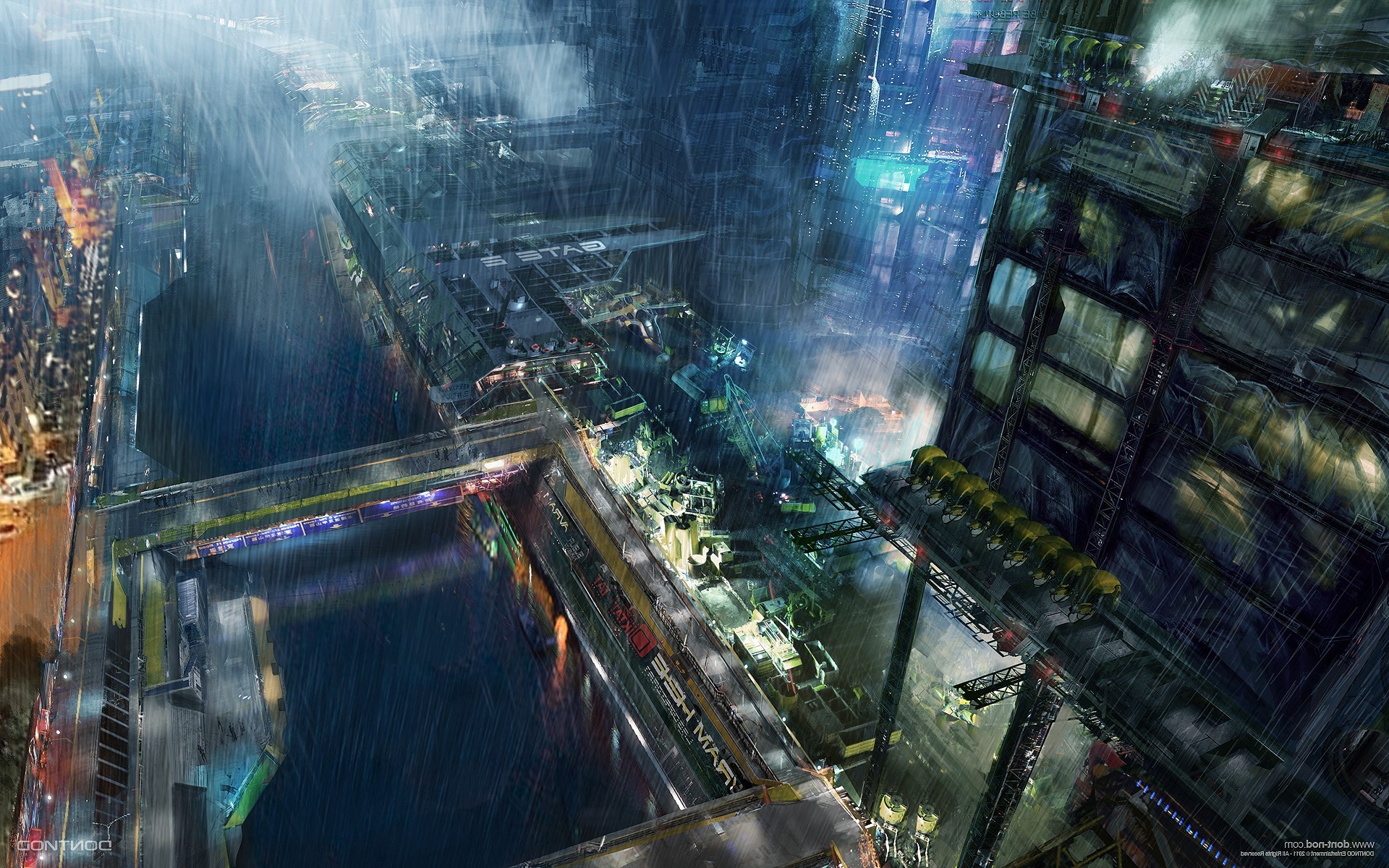 Città cyberpunk, Canale, Pioggia, Vista dall'alto, 1920x1200, sfondo per PC