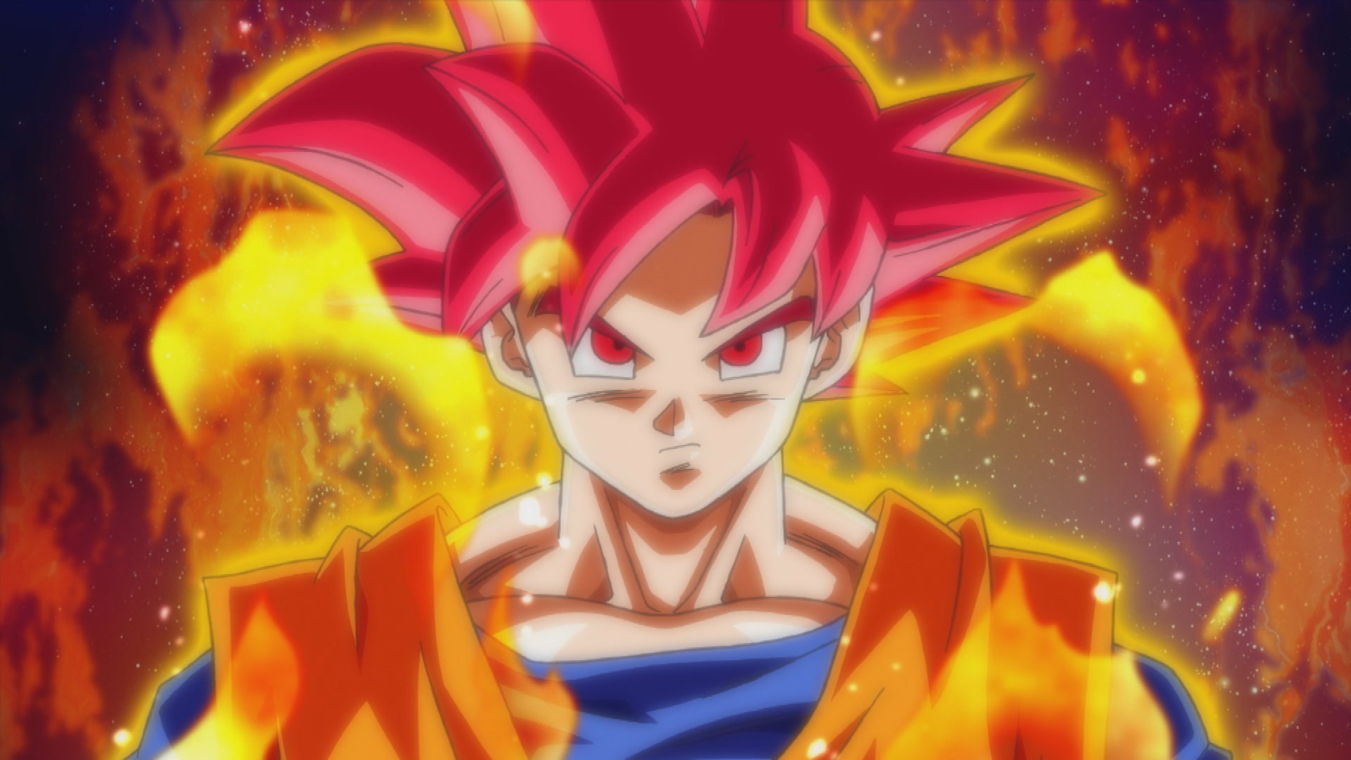 Son Goku, Super Saiyan God, Dragon Ball Super, Fiamme, Capelli rossi, sfondo Full HD per PC