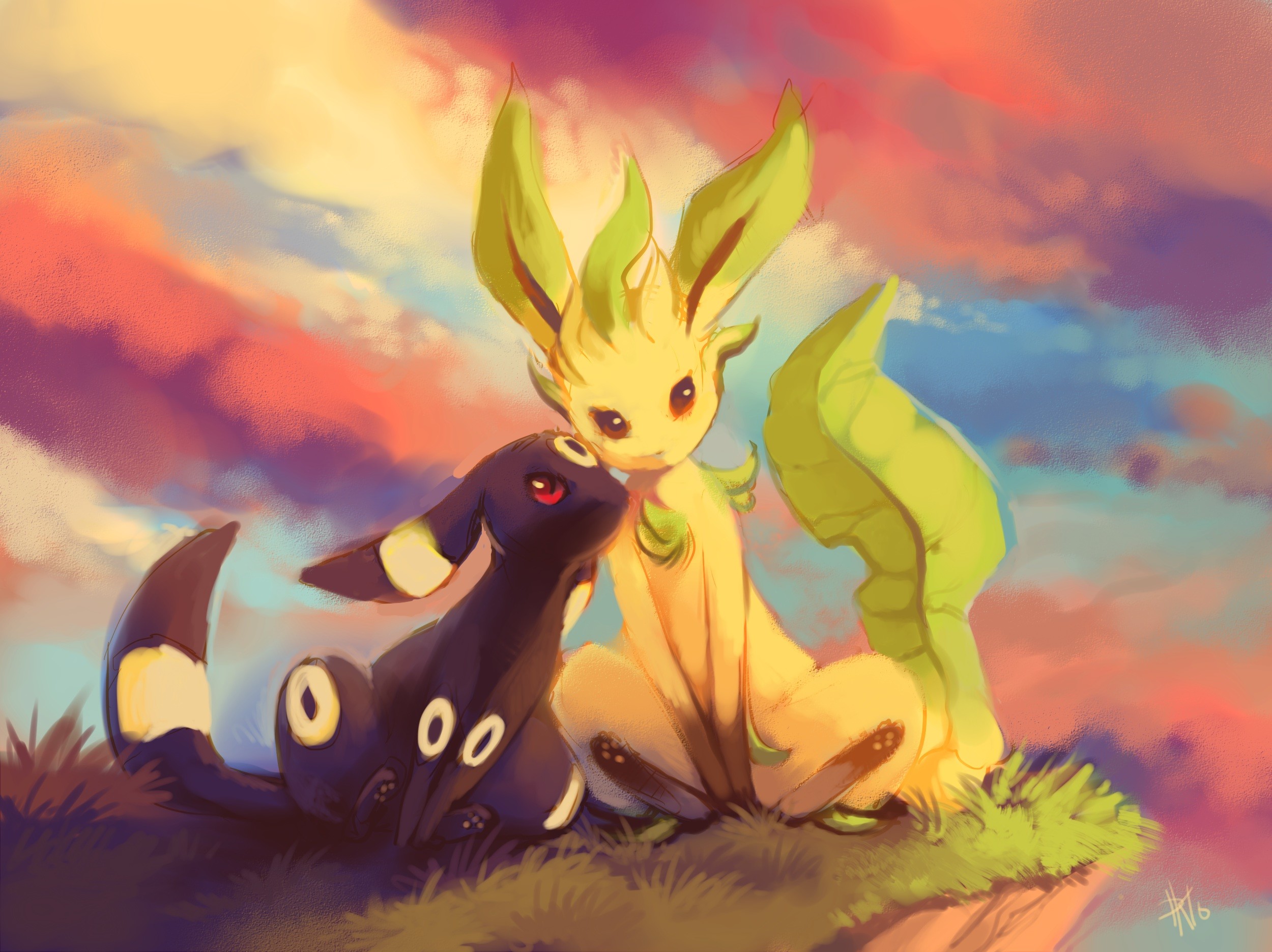 Umbreon, Leafeon, Pokémon, Tramonto, Illustrazione, Full HD, sfondo per iPad e tablet