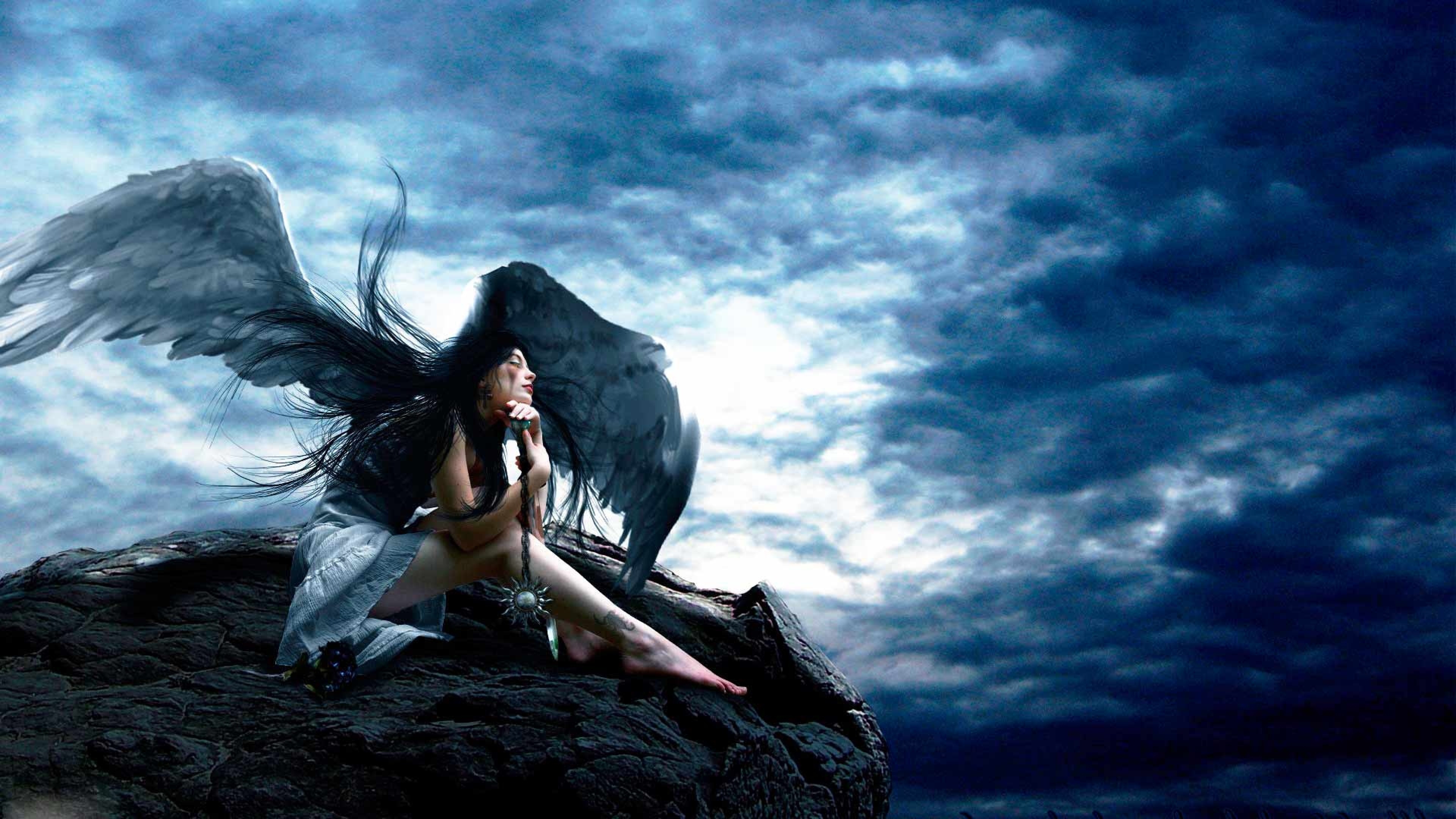 Angelo, Ali, Arte fantasy, Cielo tempestoso, 4K, wallpaper per computer