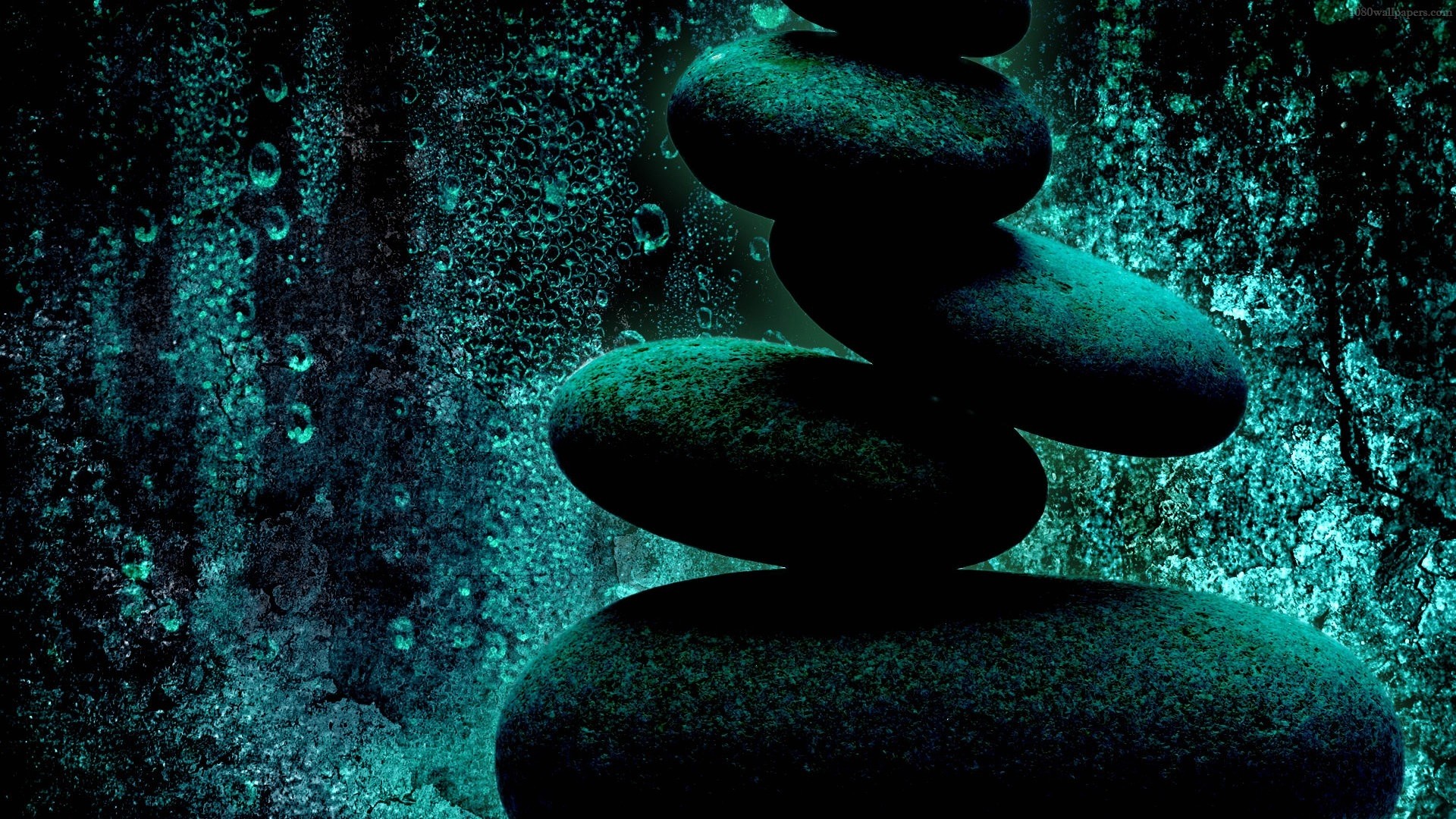 Pietre zen, Equilibrio, Turchese, Scuro, 16:9 Full HD, wallpaper widescreen