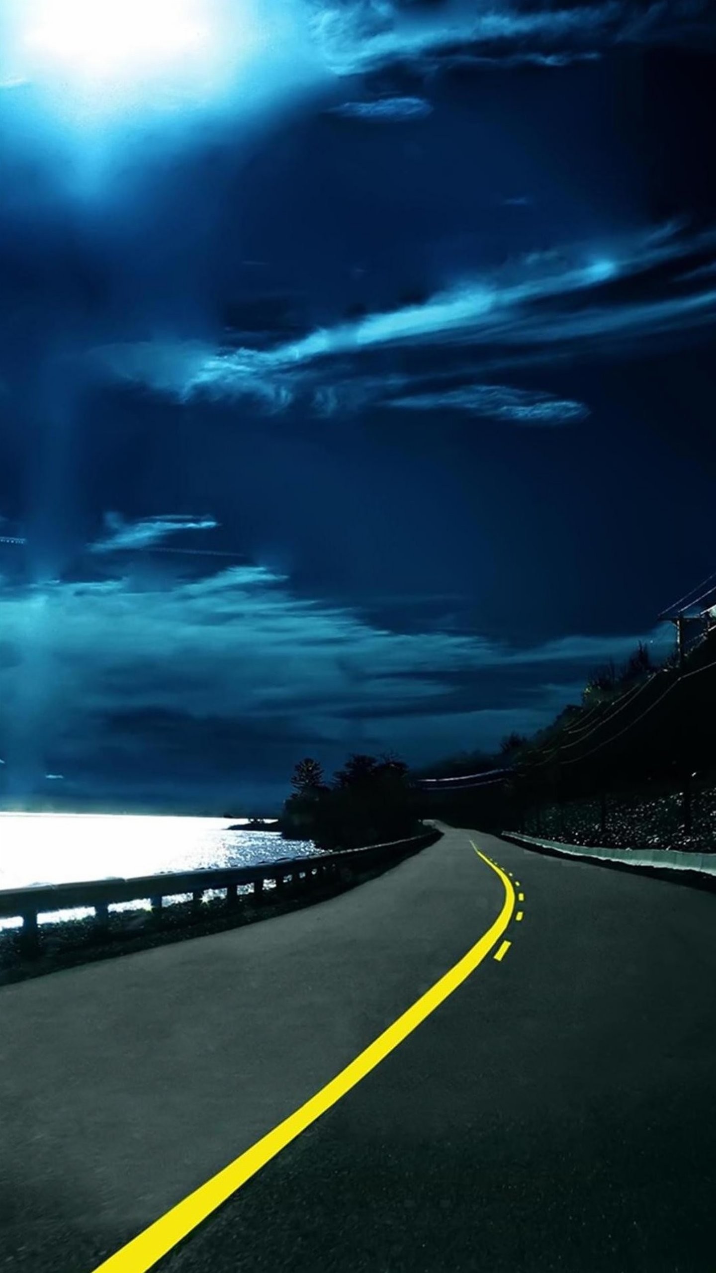 Strada, Curva, Notte, Cielo blu, sfondo LG G4