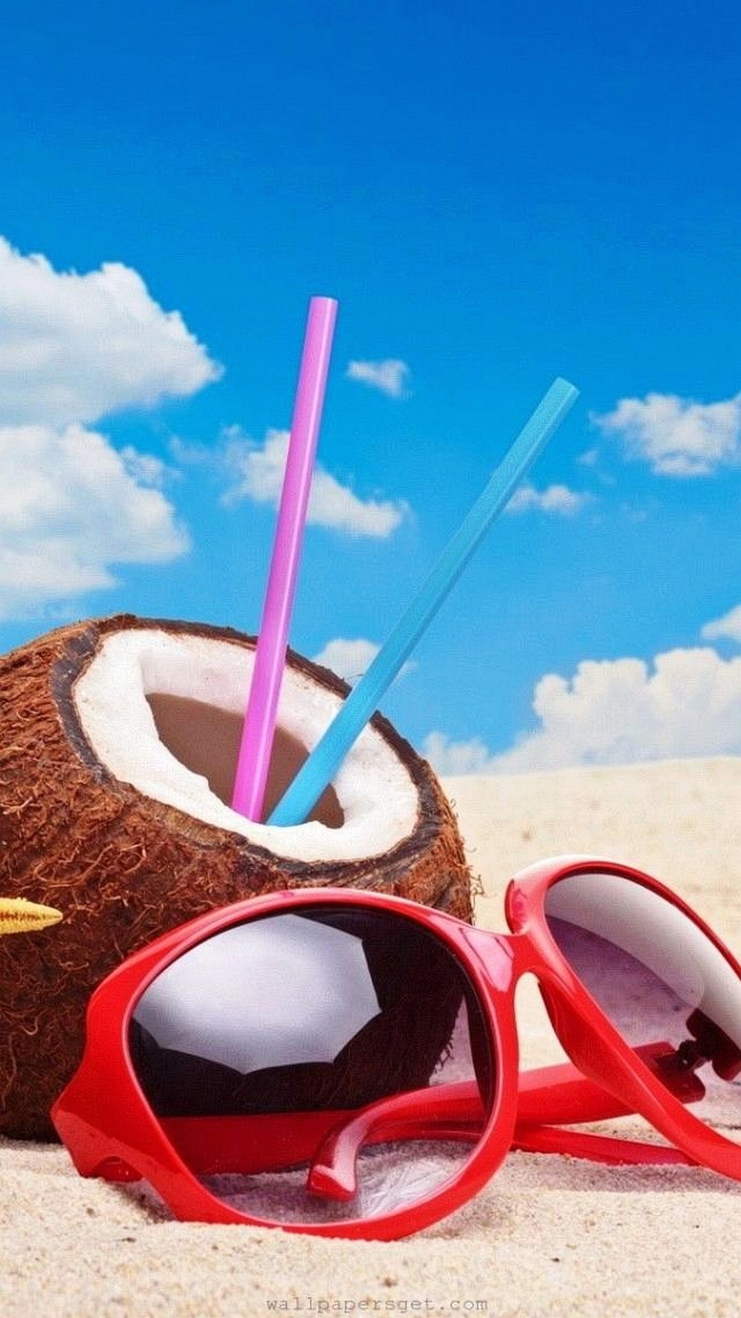 Noce di cocco, Occhiali da sole, Spiaggia, Estate, sfondo per iPhone e Android