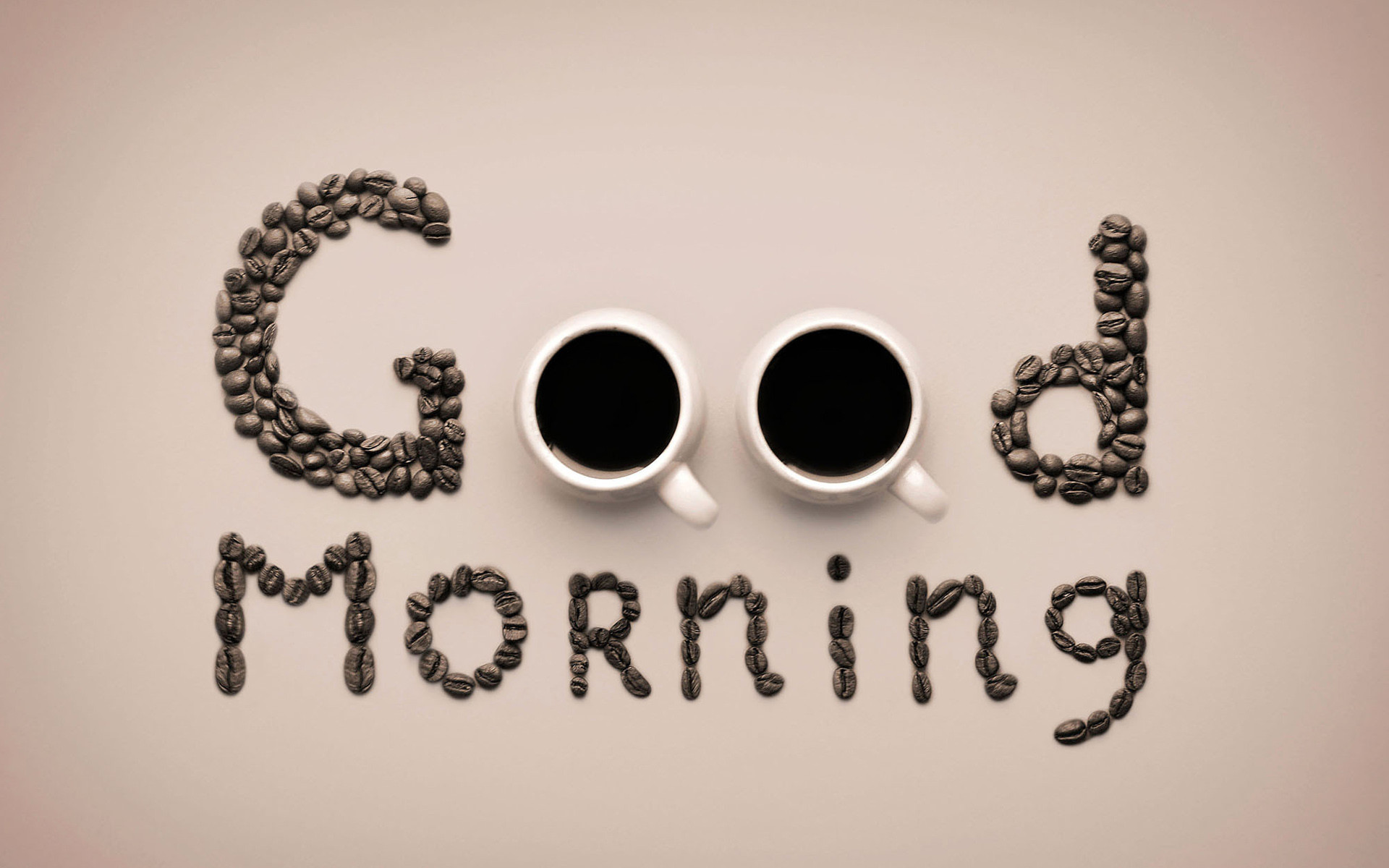 Good Morning, Buongiorno, Chicchi di caffè, Tazzine, Scritta, 16:10 Full HD, sfondo widescreen