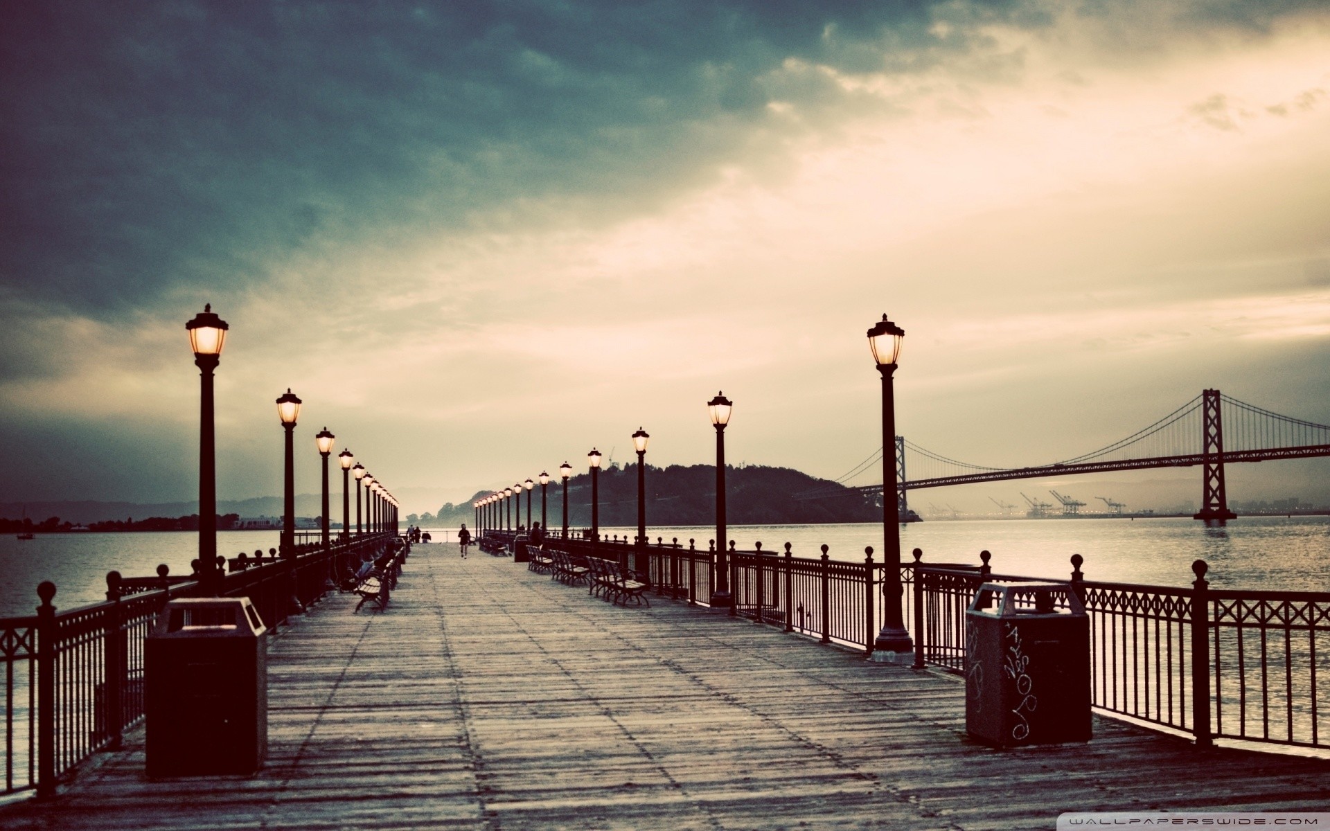 Pontile, Bay Bridge, San Francisco, Lampioni, Effetto vintage, Full HD, wallpaper desktop