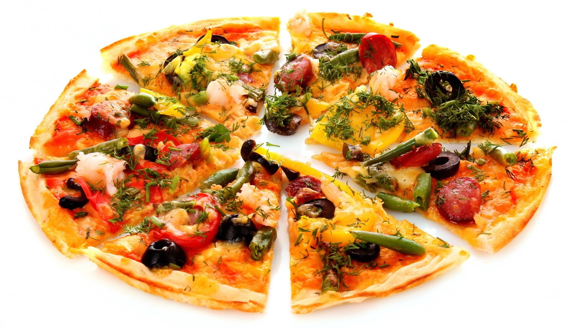 Pizza, Fette, Fagiolini, Sfondo bianco, 16:9 Full HD, wallpaper widescreen