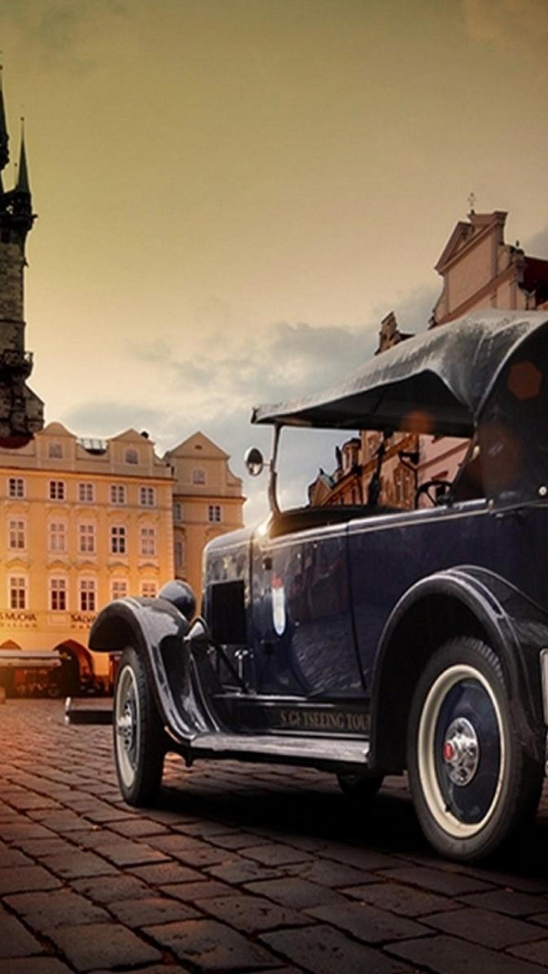 Auto d'epoca, Piazza, Ciottoli, Europa, wallpaper per iPhone e Android