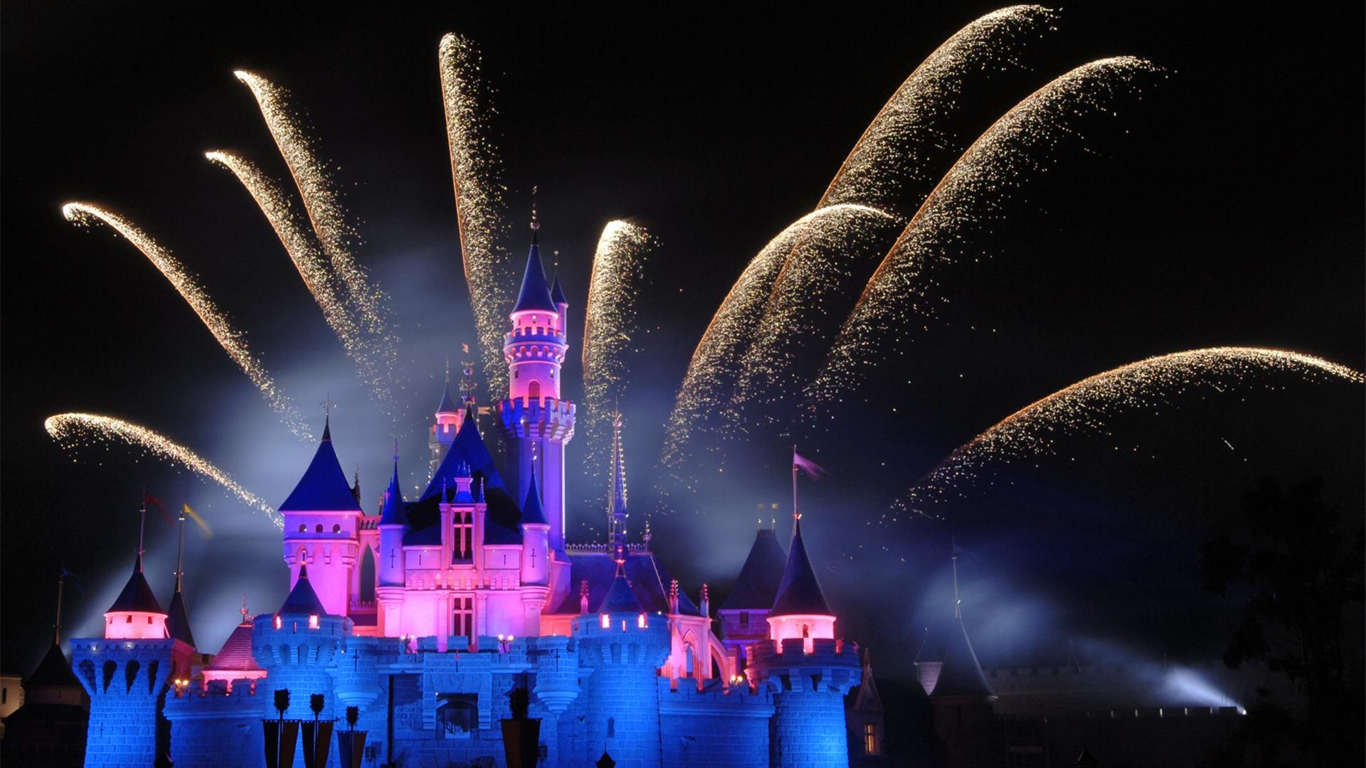 Castello Disney, Disneyland, Fuochi d'artificio, Notte, Full HD, sfondo per portatile