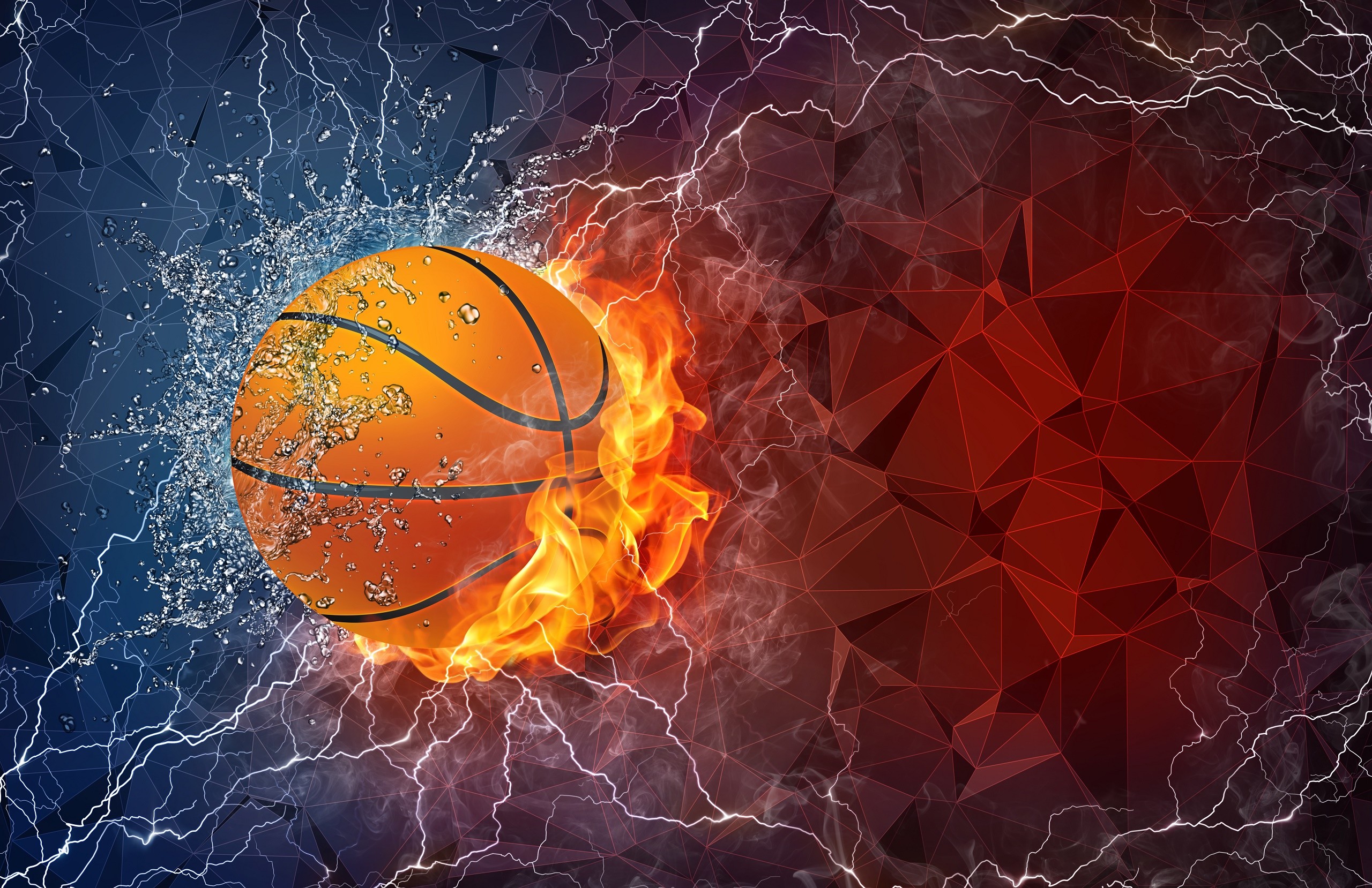 Pallone da basket, Fuoco e acqua, Fulmini, Arte digitale, 2K, sfondo desktop