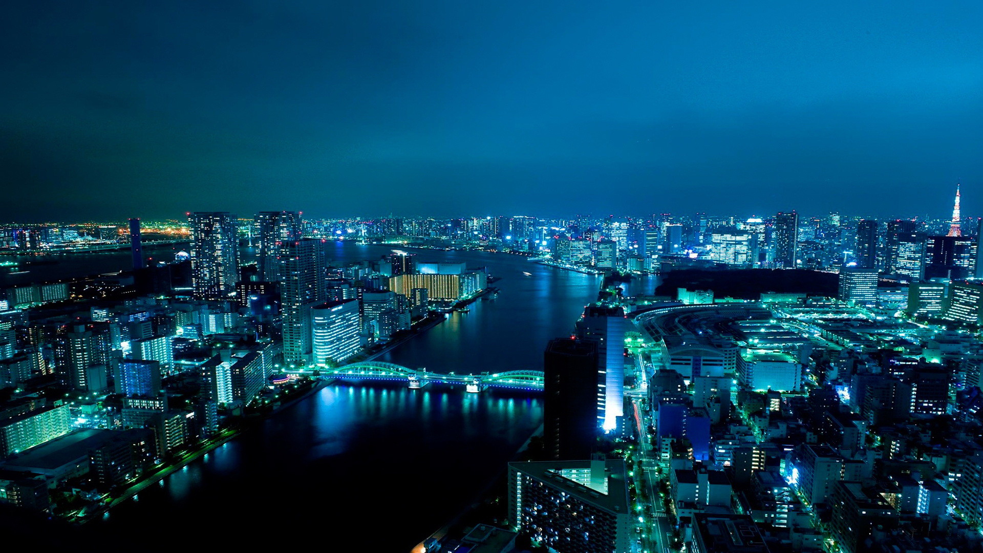 Tokyo, Notte, Fiume, Luci blu, Full HD 1080p, sfondo desktop