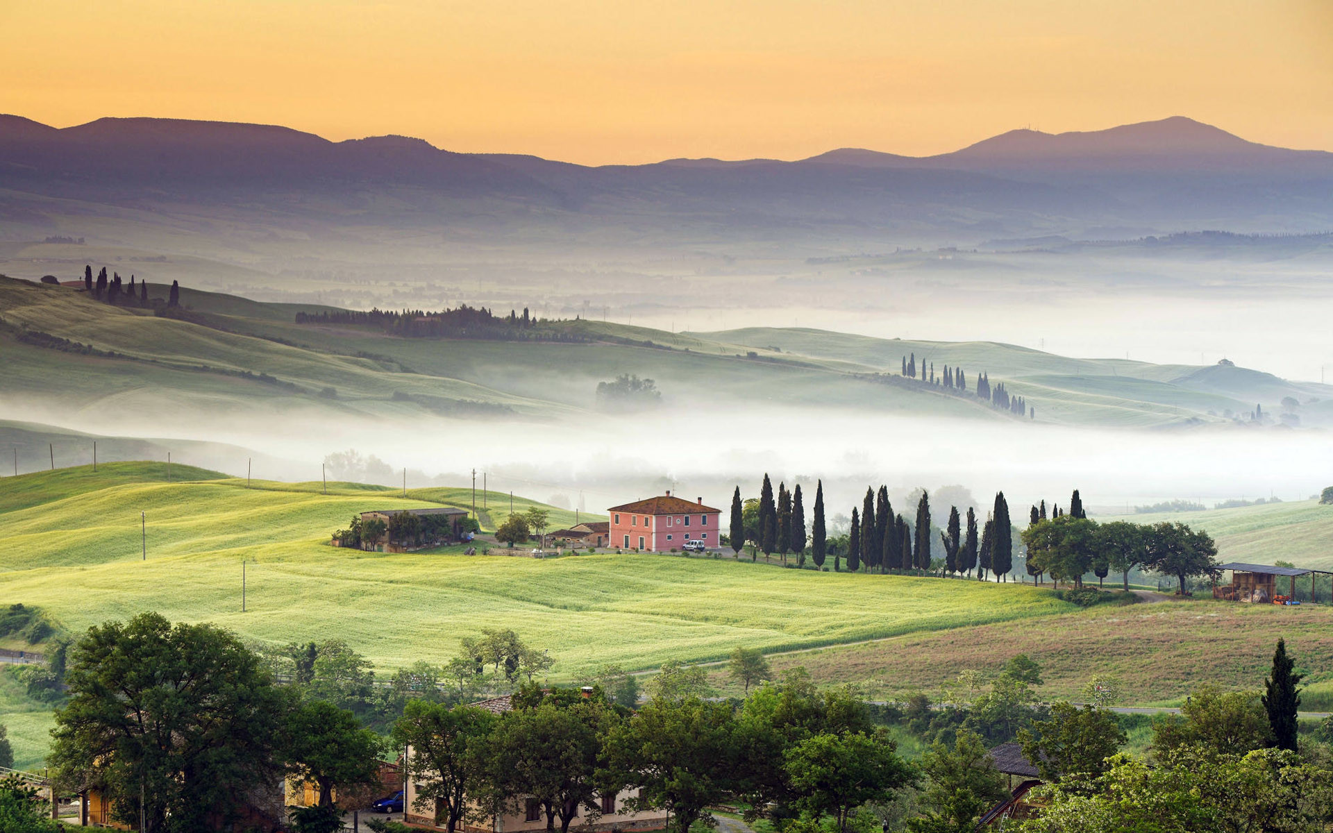 Val d'Orcia, Toscana, Nebbia, Cipressi, Colline, 1920x1200, sfondo MacBook Pro