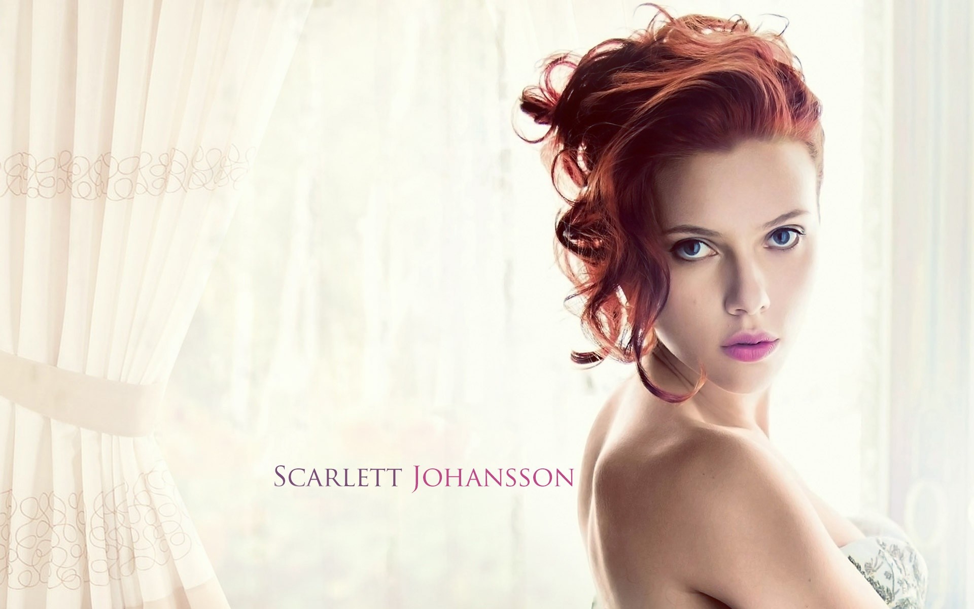 Scarlett Johansson, Capelli rossi, Tende, Toni chiari, Full HD, sfondo per PC