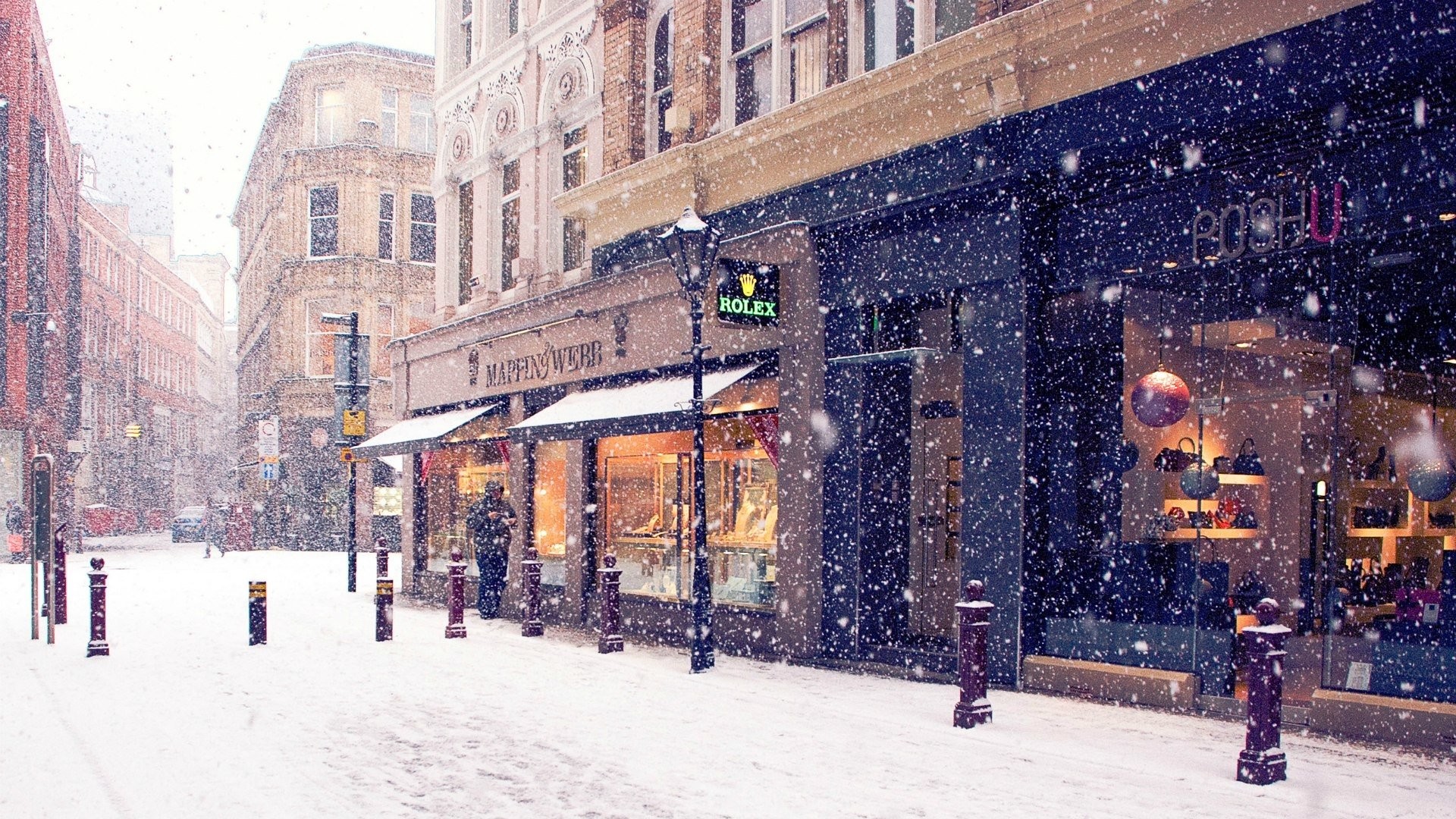 Strada innevata, Nevicata, Negozi, Città, Full HD, sfondo per portatile