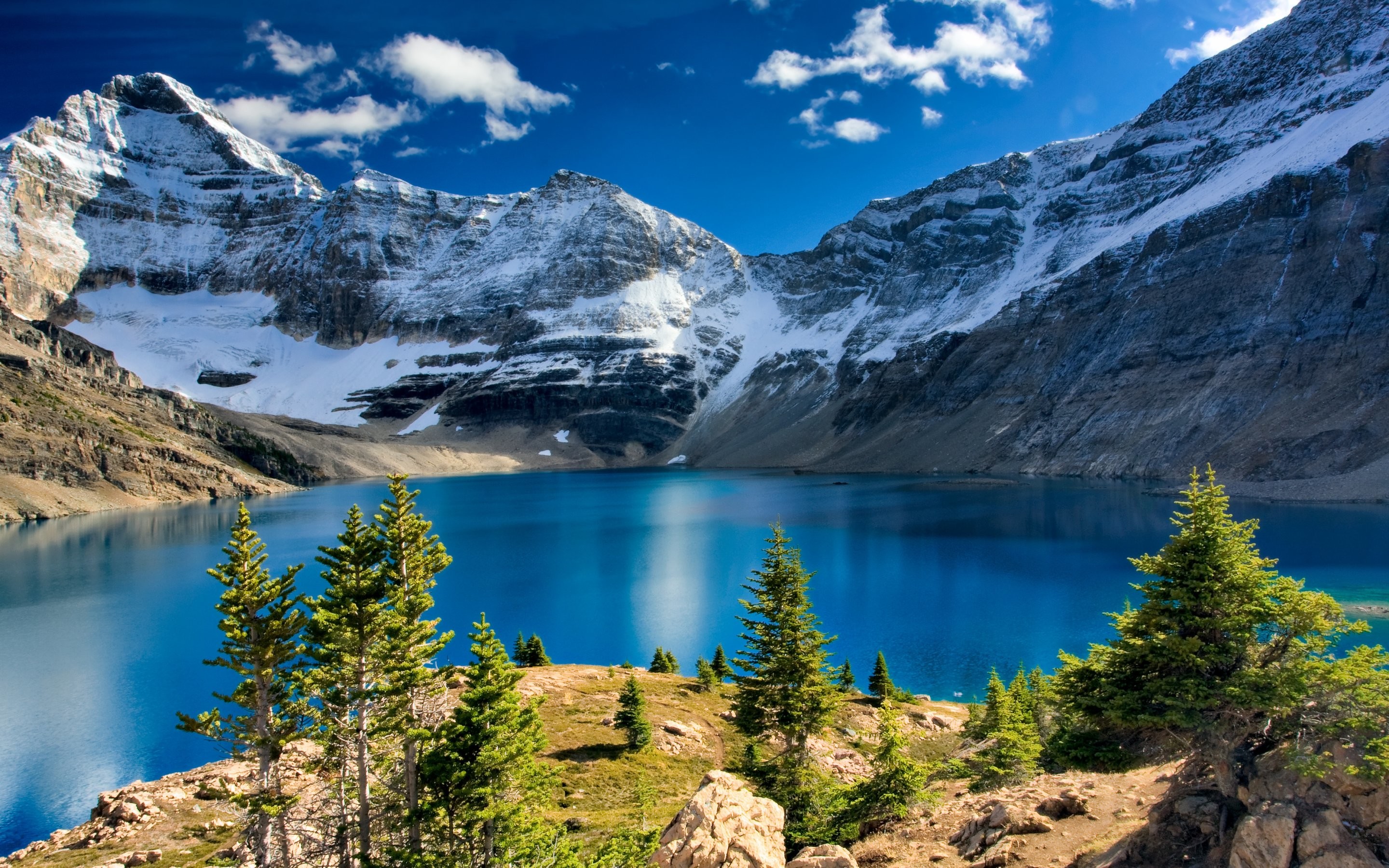 Lago O'Hara, Parco nazionale Yoho, Canada, Montagne innevate, Lago, sfondo widescreen 2K