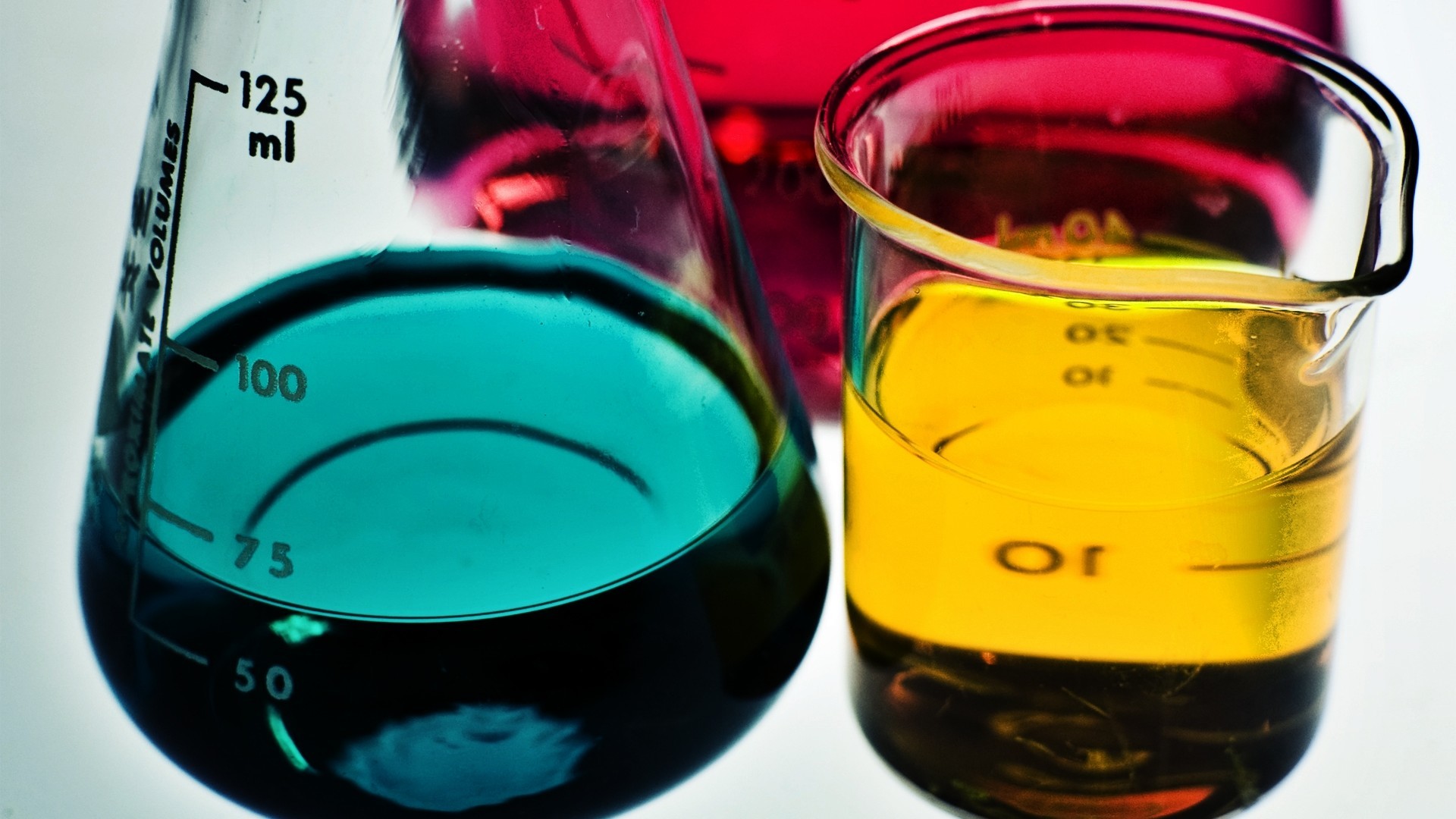 Becher, Liquidi colorati, Vetreria da laboratorio, Full HD, sfondo desktop
