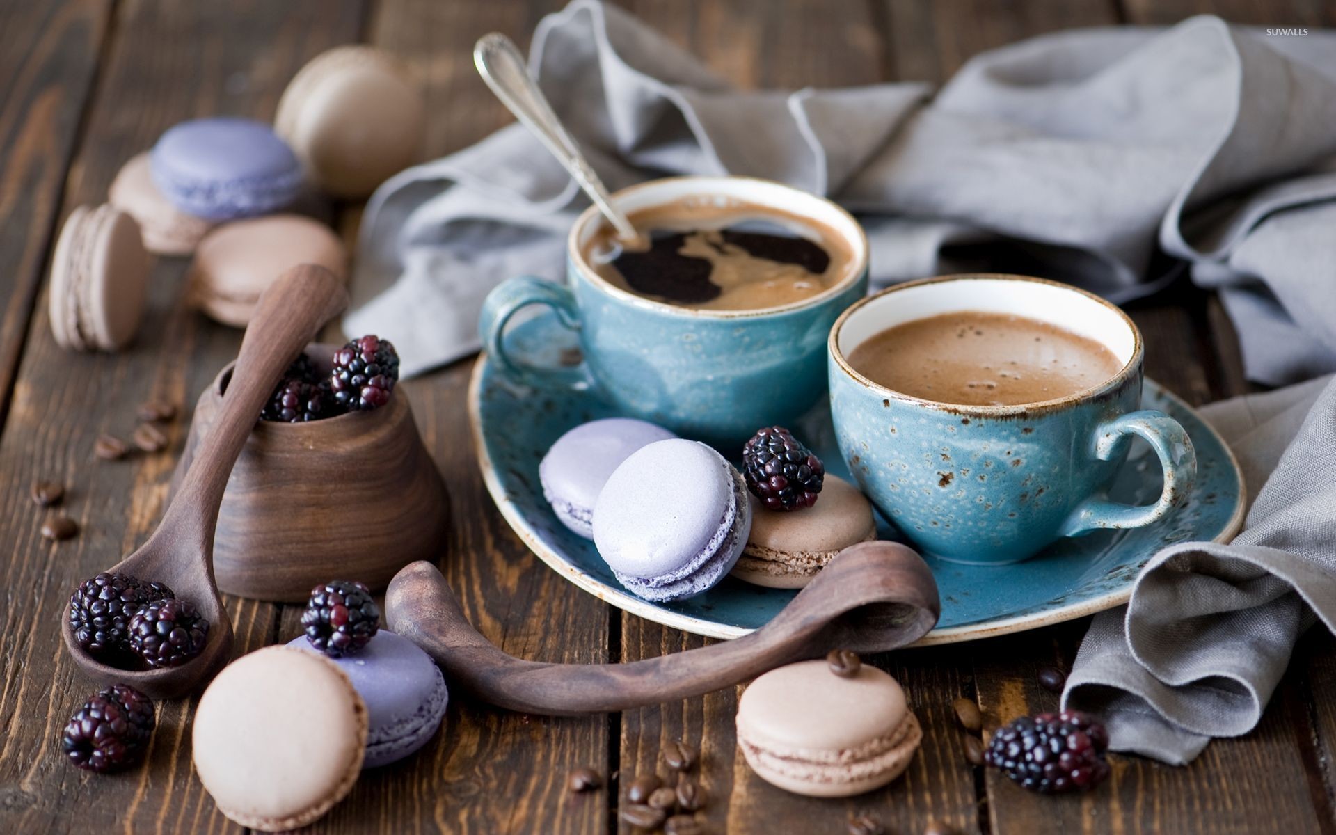 Tazze di caffè, Macaron, More, Tavolo in legno, Full HD, sfondo per portatile