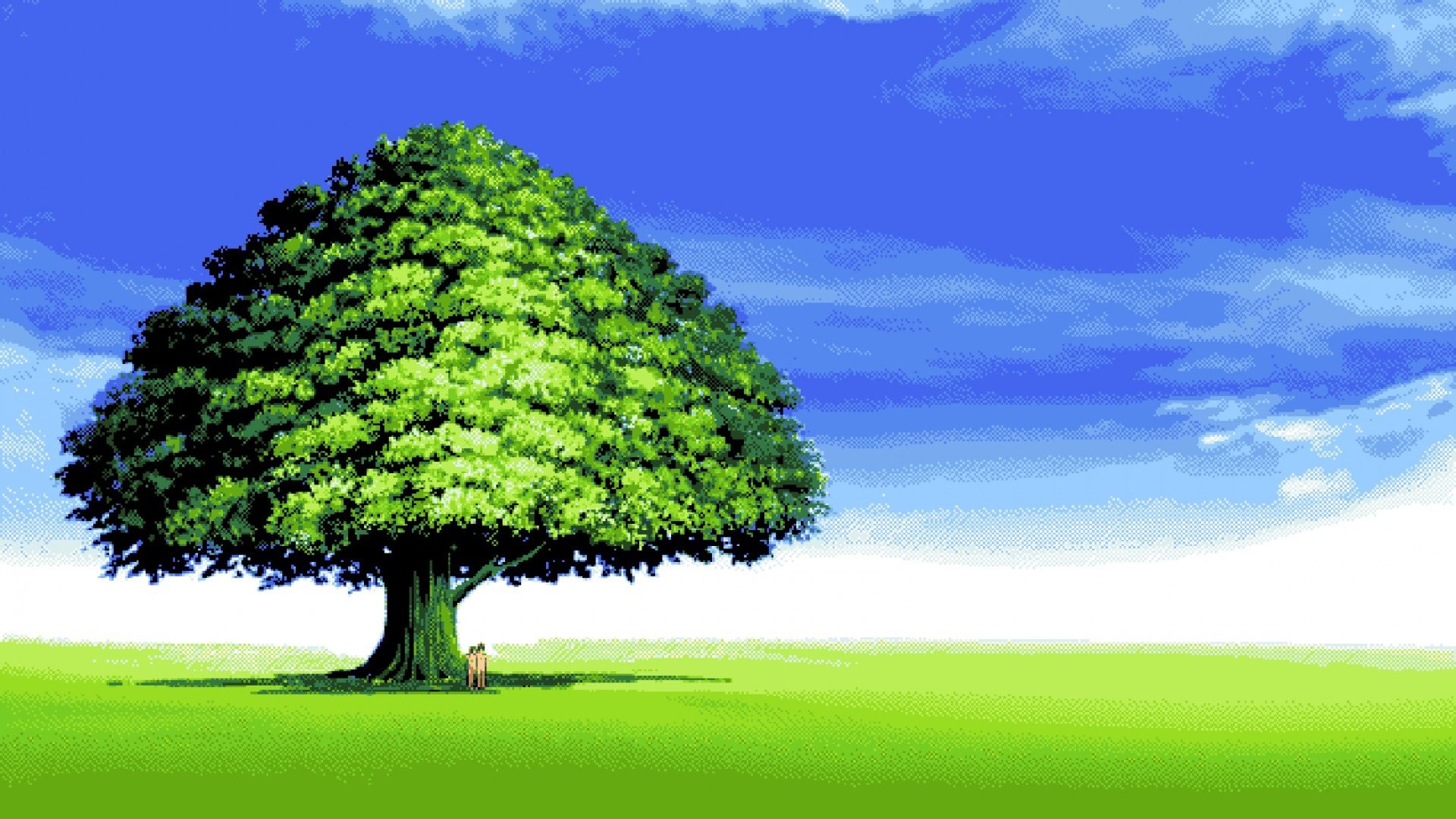 Pixel art, Albero, Prato, Cielo azzurro, Full HD, sfondo Windows 11