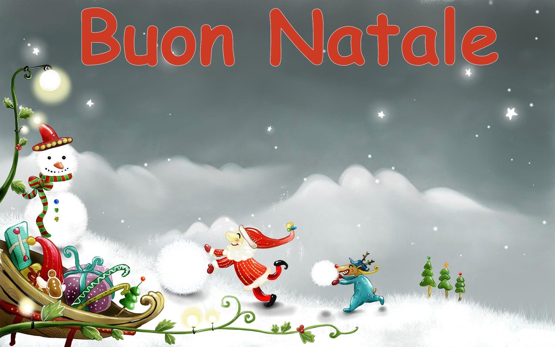 Buon Natale, Pupazzo di neve, Babbo Natale, Slitta, Illustrazione, sfondo per il tuo desktop