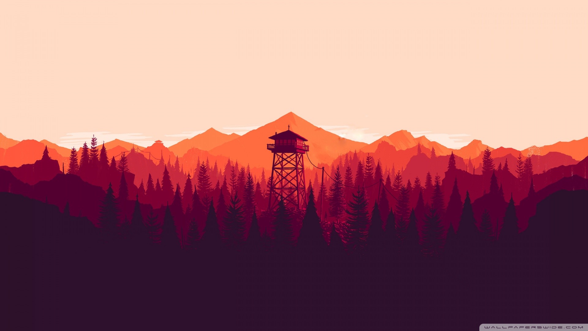 Firewatch, Torre di avvistamento, Foresta, Montagne, Flat design, Tramonto, wallpaper desktop Full HD