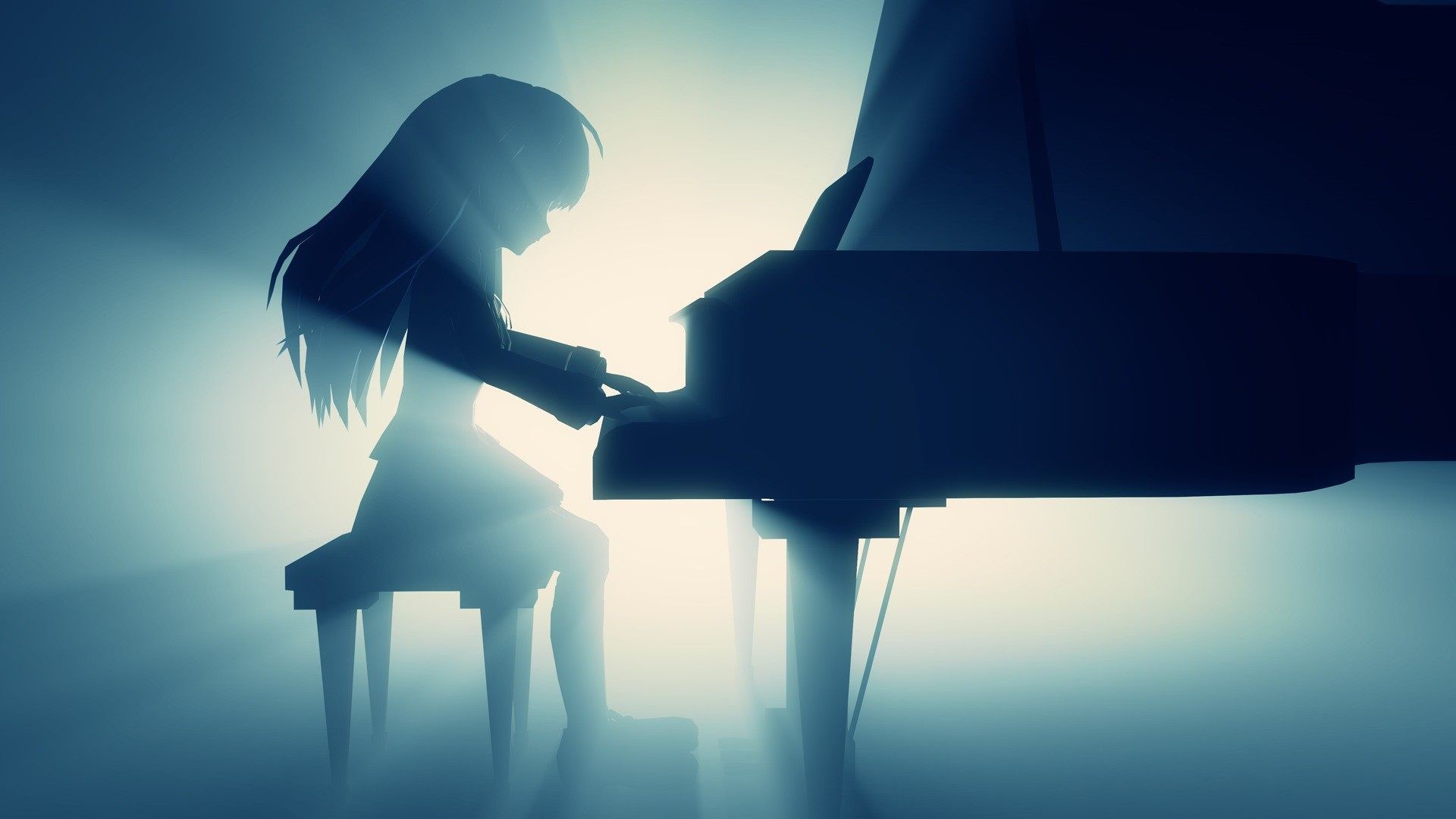 Ragazza anime, Pianoforte, Silhouette, Controluce, 1920x1080, wallpaper desktop
