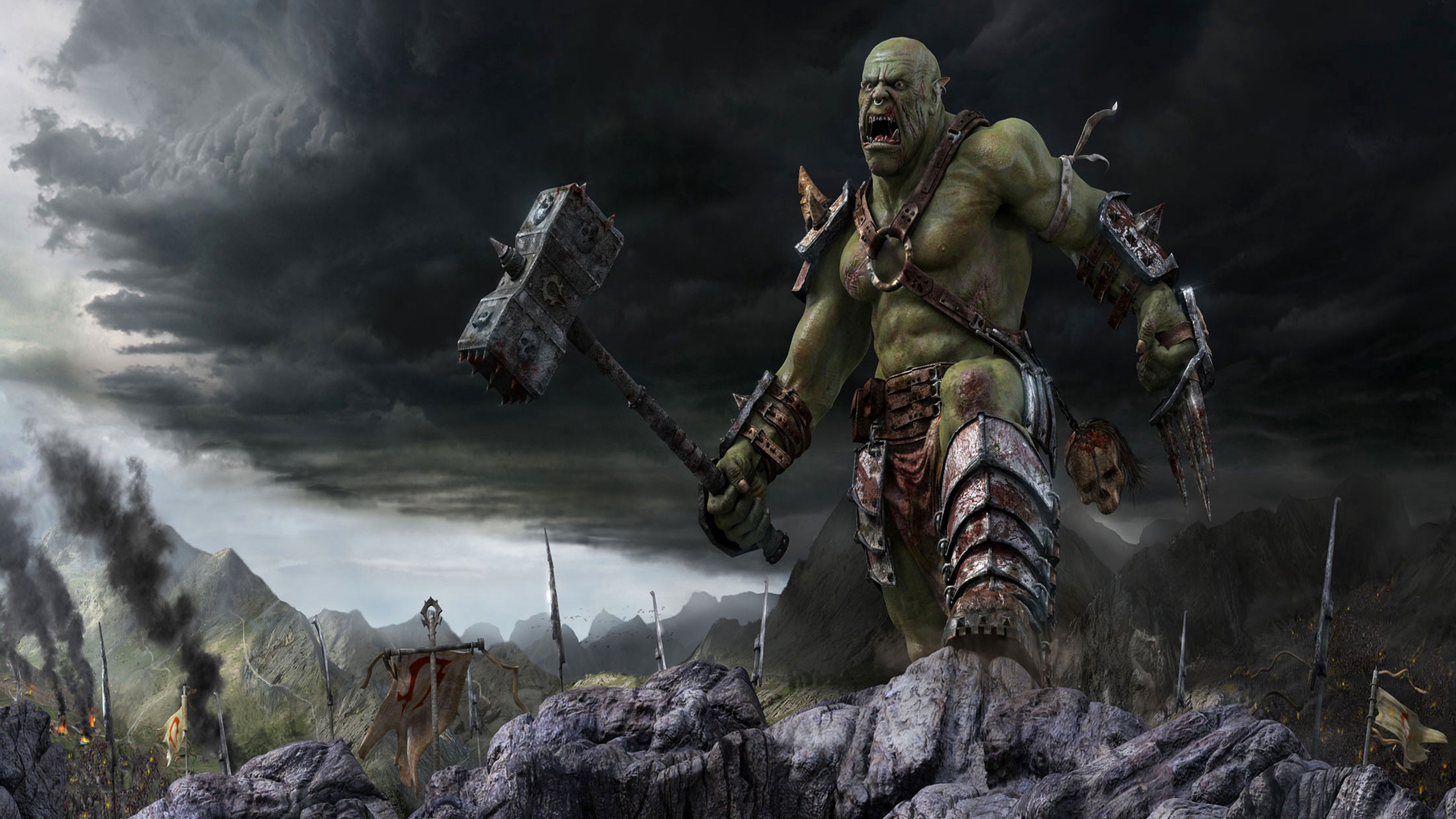 Orco, Martello da guerra, Campo di battaglia, Tempesta, 4K, sfondo per PC e portatile