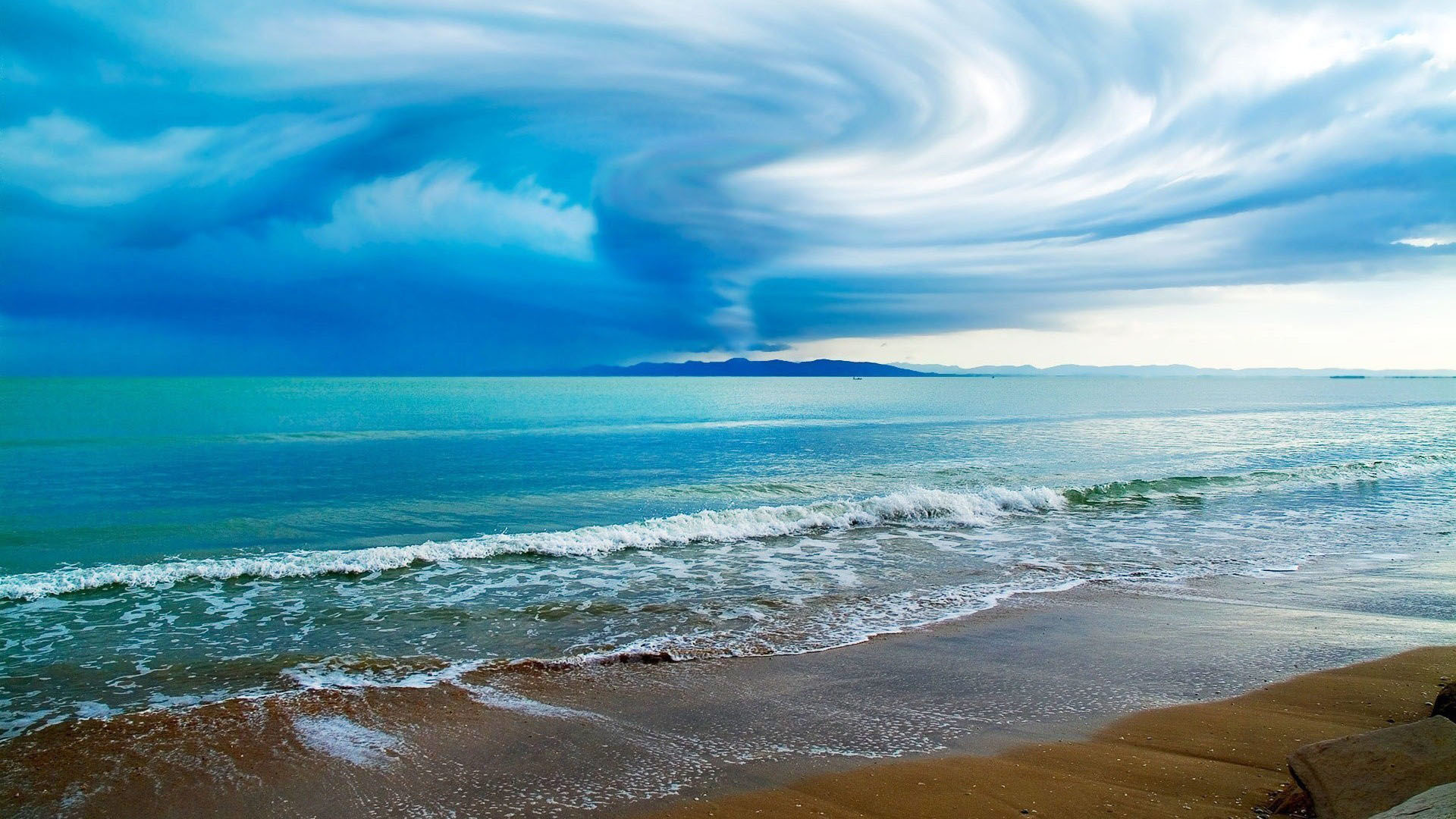 Mare, Spiaggia, Onde, Nuvole a spirale, Full HD, wallpaper per portatile