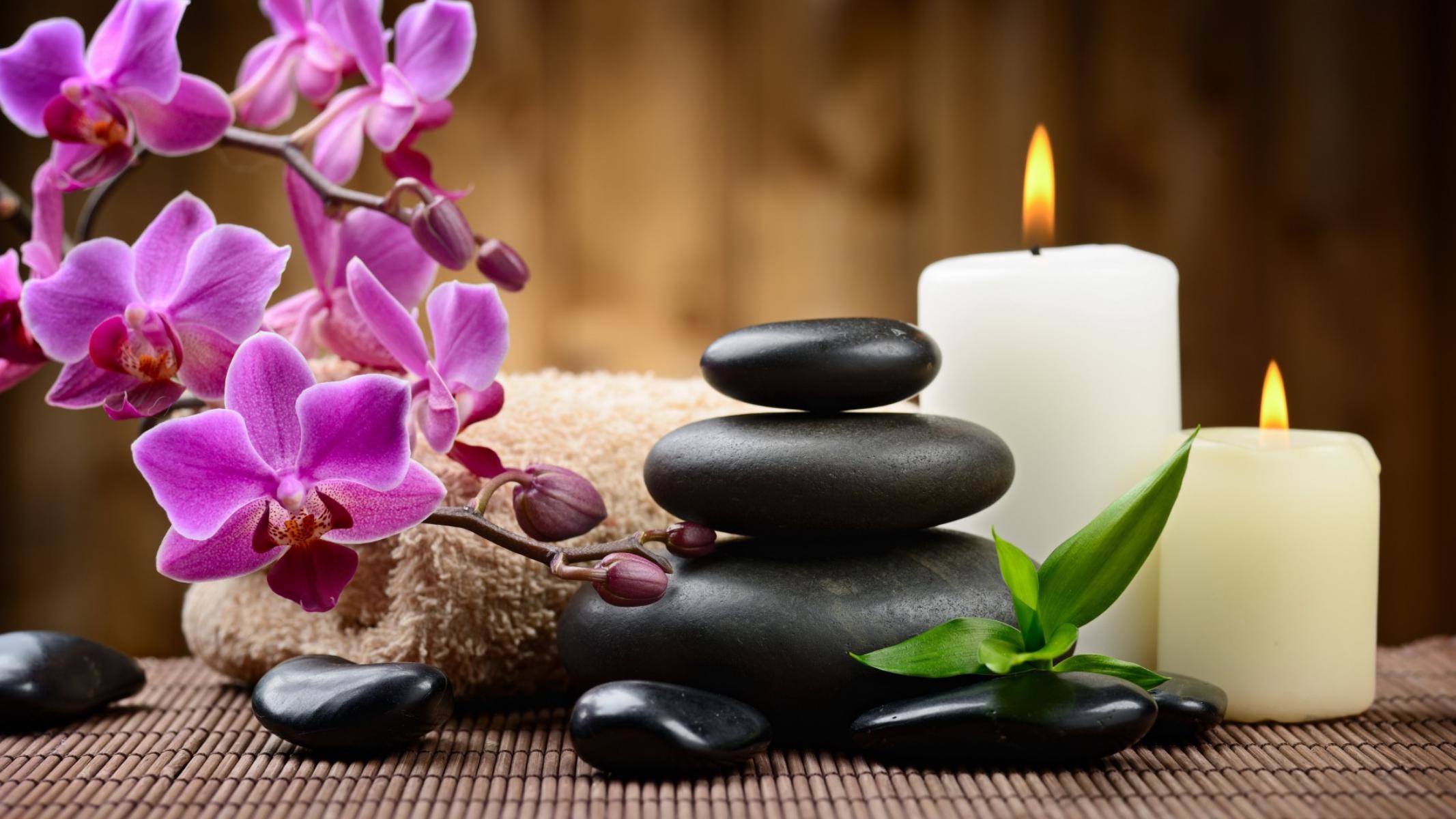 Orchidee, Pietre zen, Candele, Spa, Asciugamano, Full HD, wallpaper per computer
