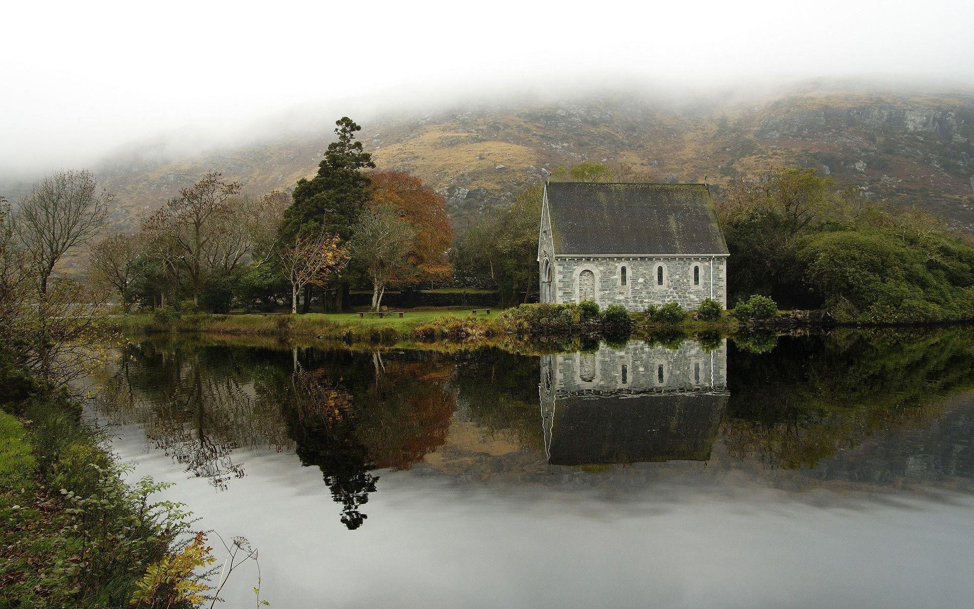 Gougane Barra, Cappella, Cork, Irlanda, Lago, Nebbia, Full HD, sfondo per PC