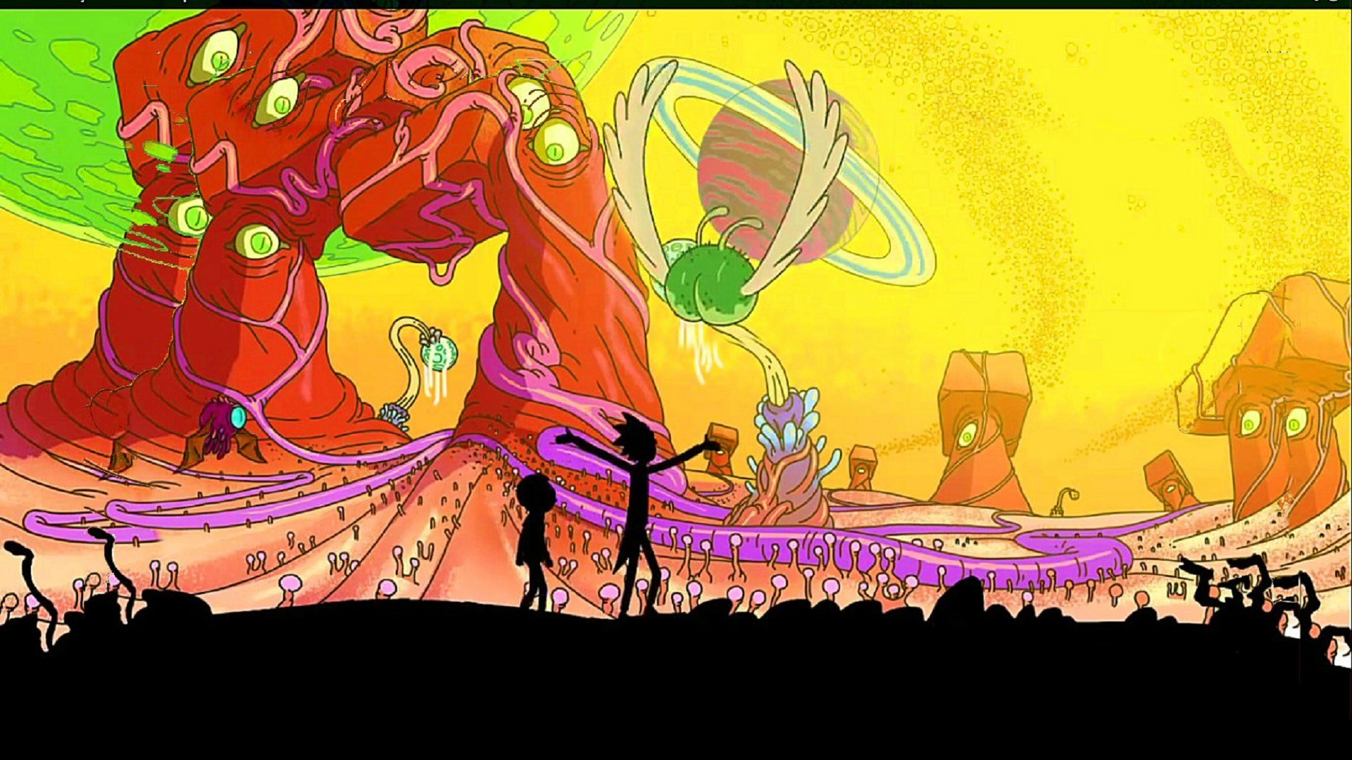 Rick and Morty, Silhouette, Pianeta alieno, Giallo e rosso, 16:9 Full HD, wallpaper widescreen