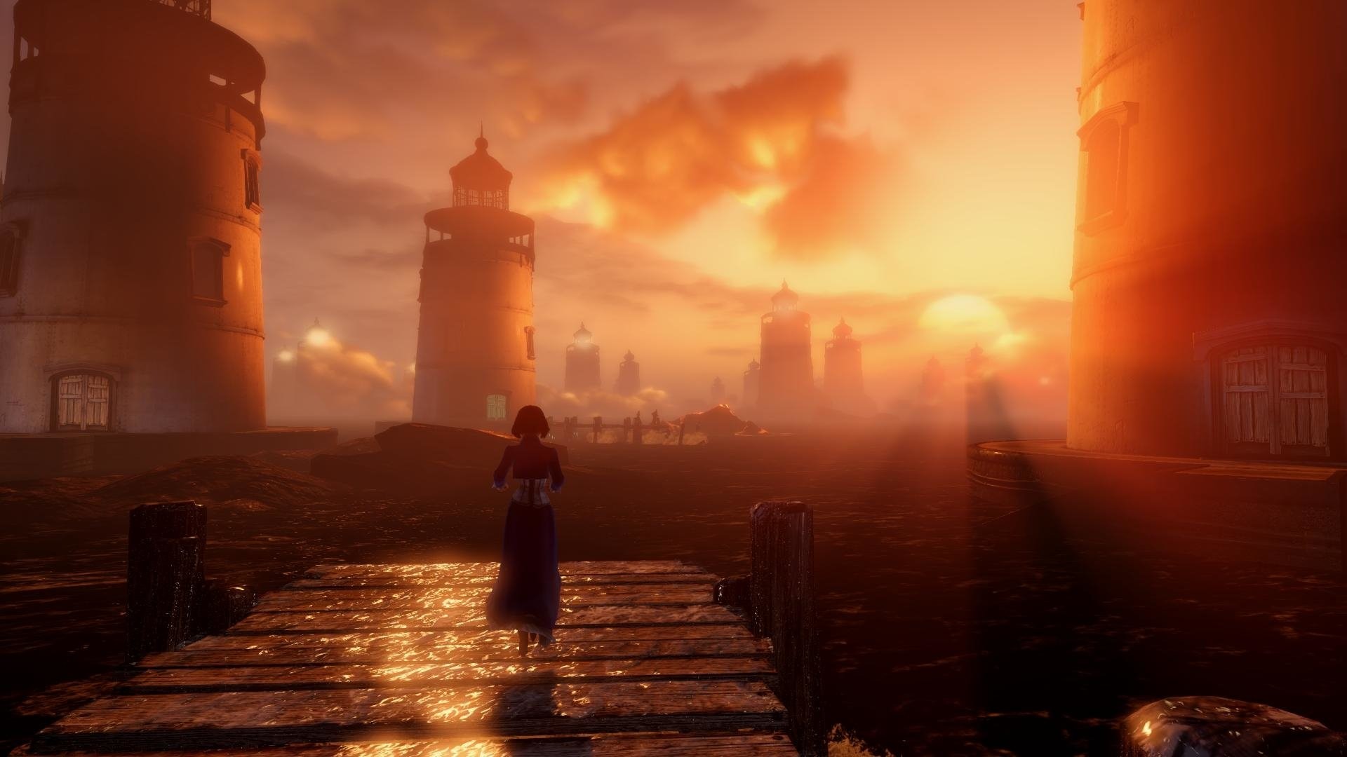 Elizabeth, BioShock Infinite, Fari, Molo, Tramonto, 1920x1080, immagine di sfondo