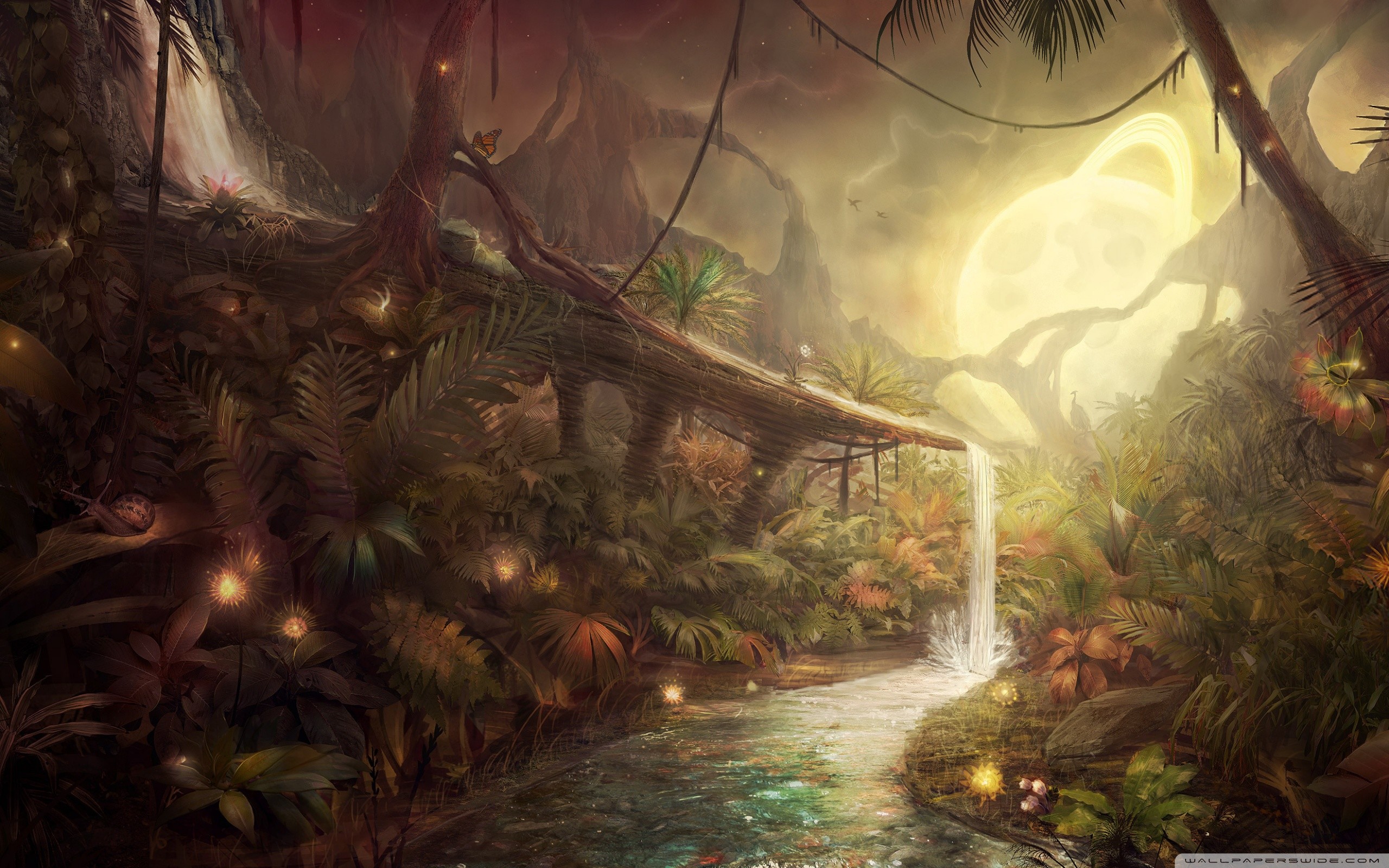 Giungla, Arte fantasy, Cascata, Luce magica, 2K, sfondo per portatile