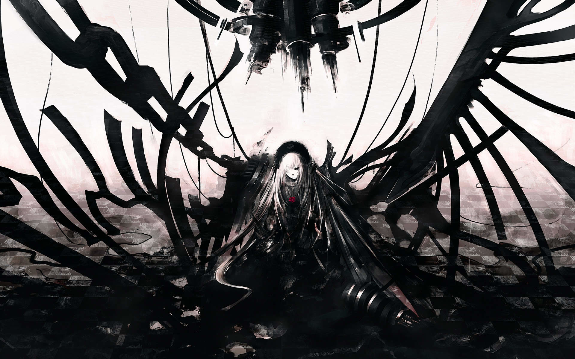 Anime, Ragazza, Ali meccaniche, Bianco e nero, Full HD, sfondo per PC