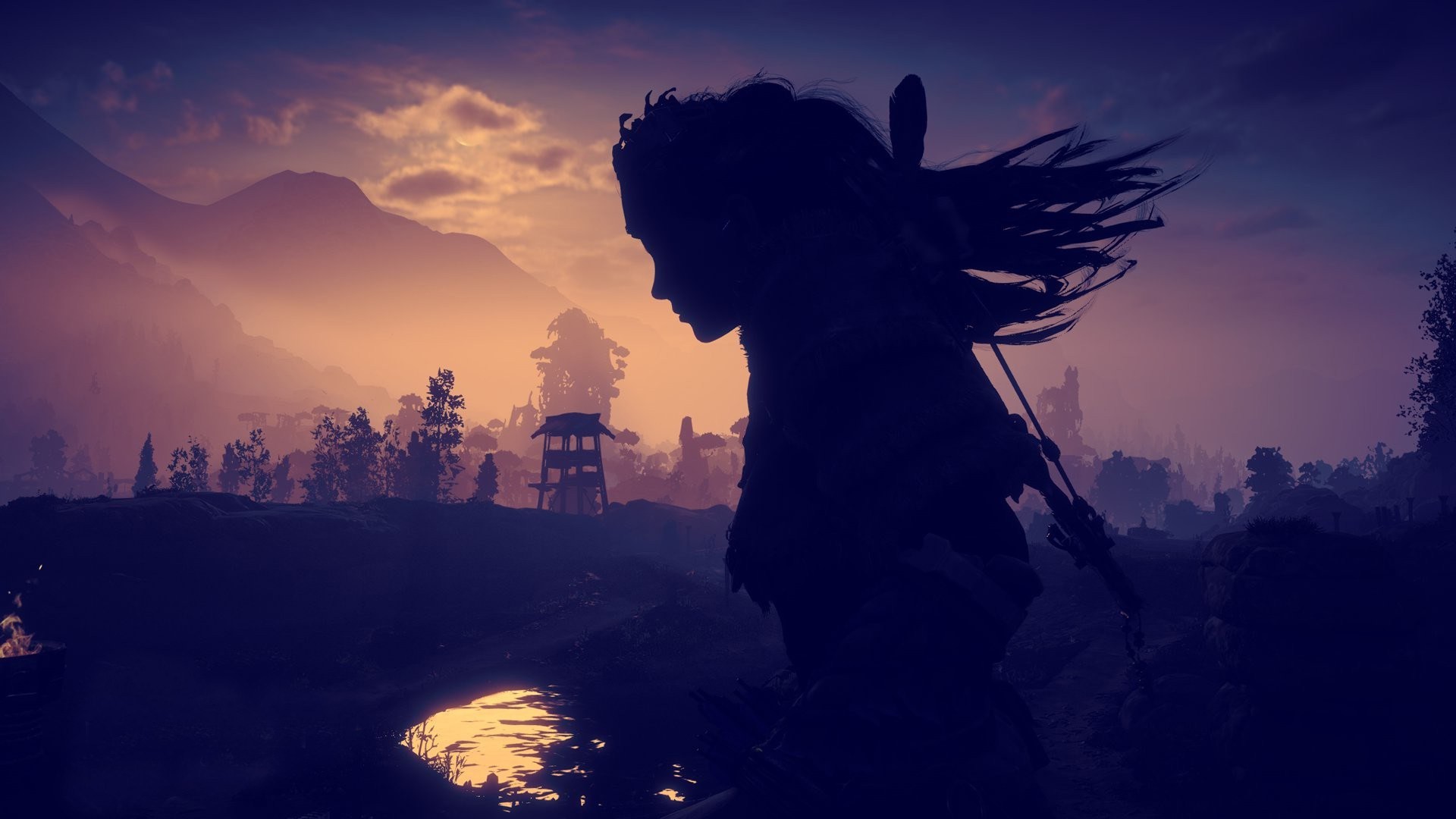 Aloy, Horizon Zero Dawn, Silhouette, Crepuscolo, Full HD, wallpaper per computer