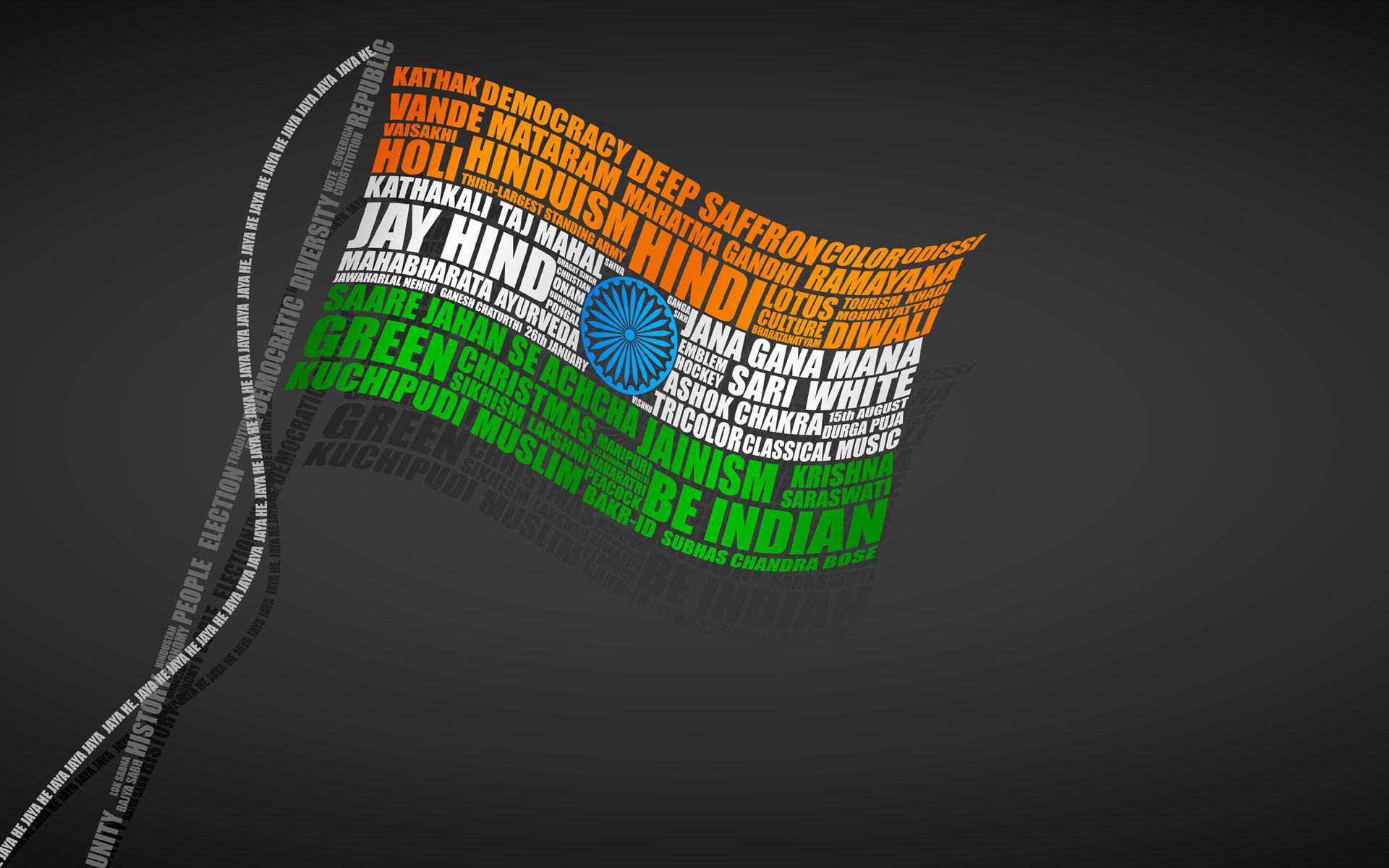 Bandiera dell'India, Tipografia, Jai Hind, Grigio, 16:10 Full HD, wallpaper widescreen