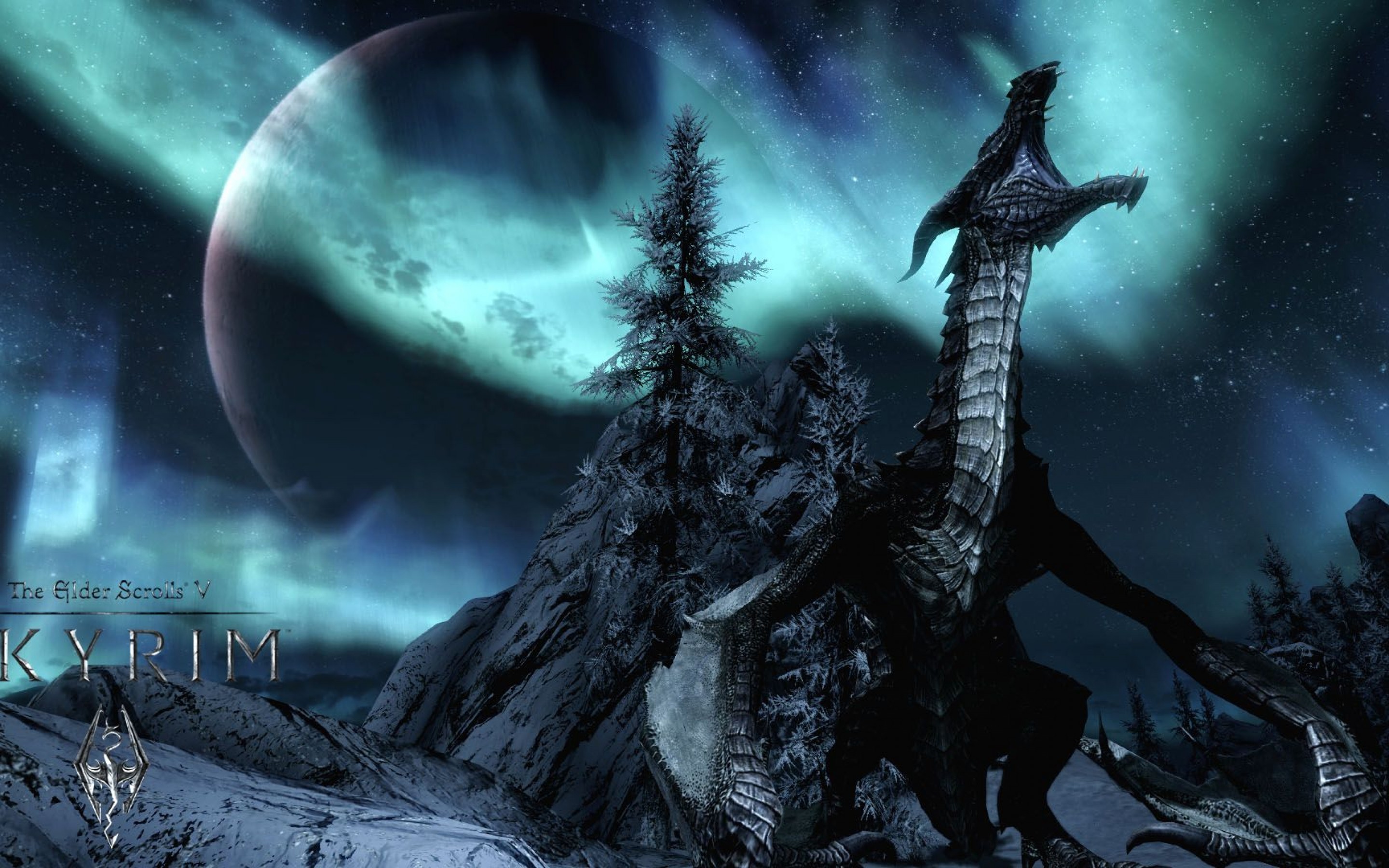 The Elder Scrolls V: Skyrim, Drago, Aurora boreale, Logo, 2K, sfondo desktop