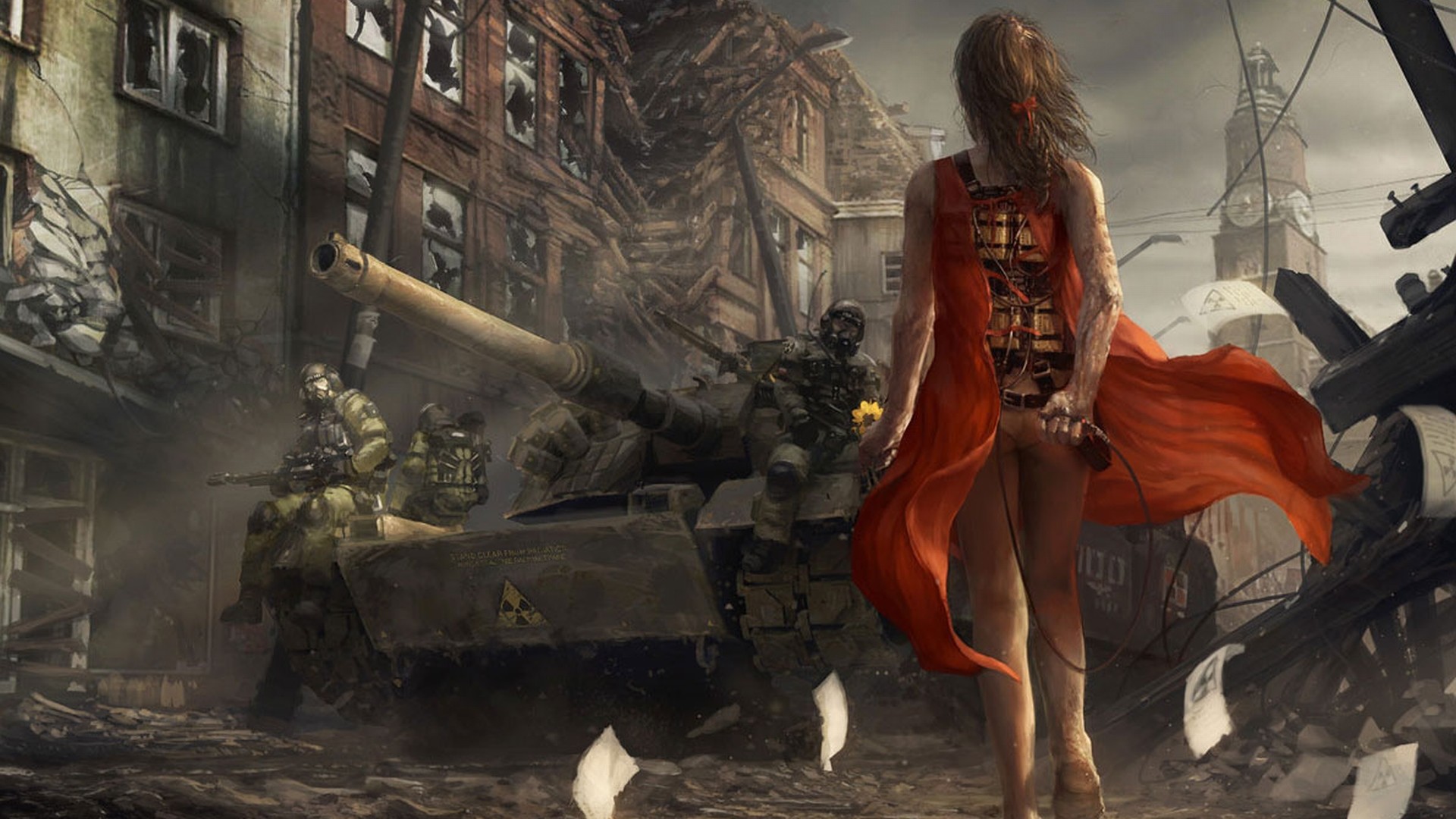 Donna, Abito rosso, Carro armato, Città distrutta, 16:9 Full HD, wallpaper widescreen
