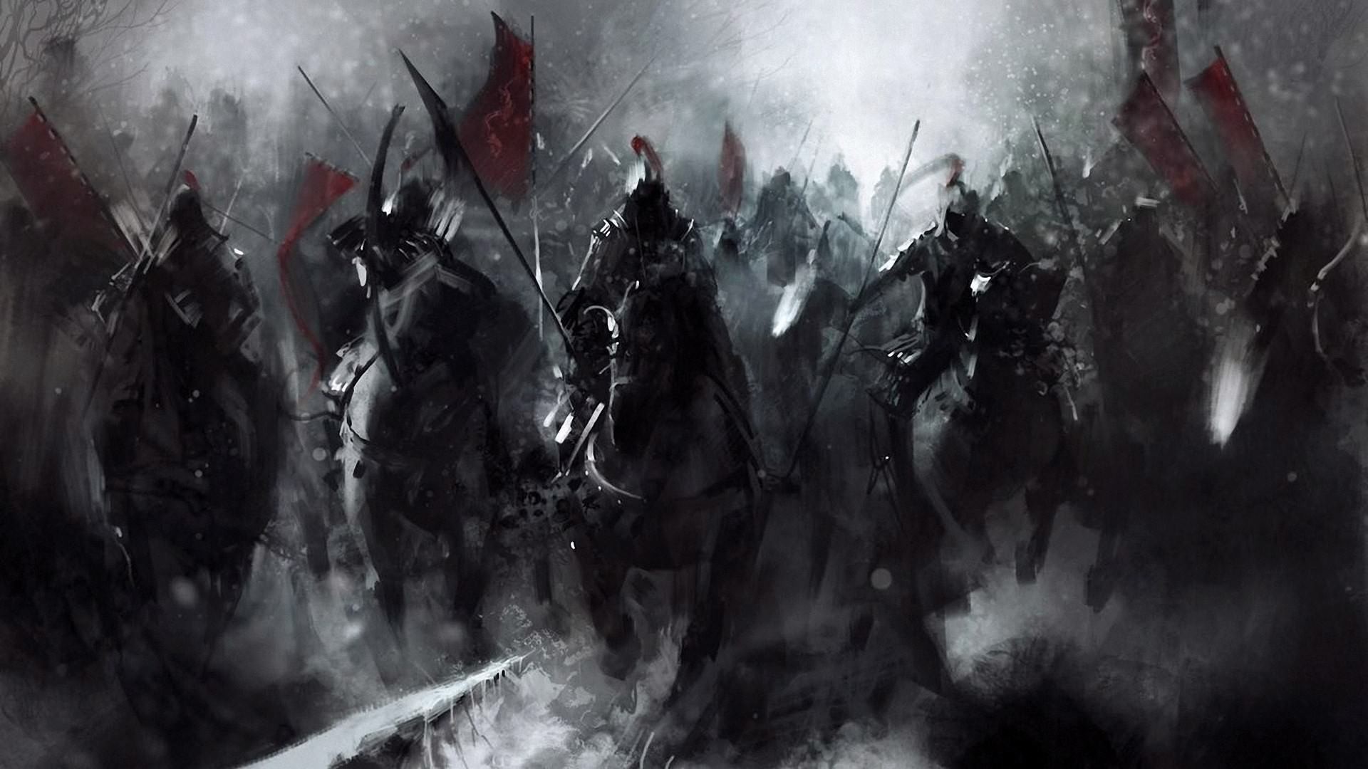 Cavalieri, Cavalleria, Battaglia, Bianco e nero, Stendardi, 16:9 Full HD, sfondo widescreen