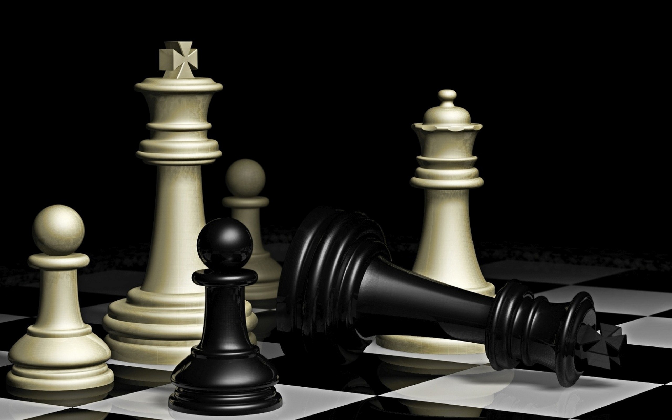 Scacco matto, Re caduto, Rendering 3D, Sfondo nero, 2K, wallpaper per PC