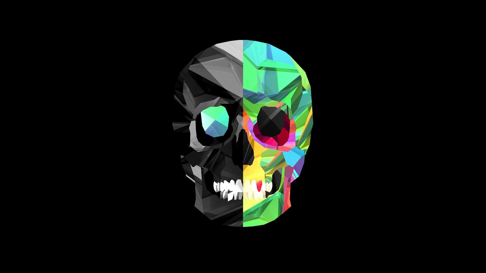 Teschio low poly, Colori arcobaleno, Arte geometrica, Sfondo nero, wallpaper Windows 11
