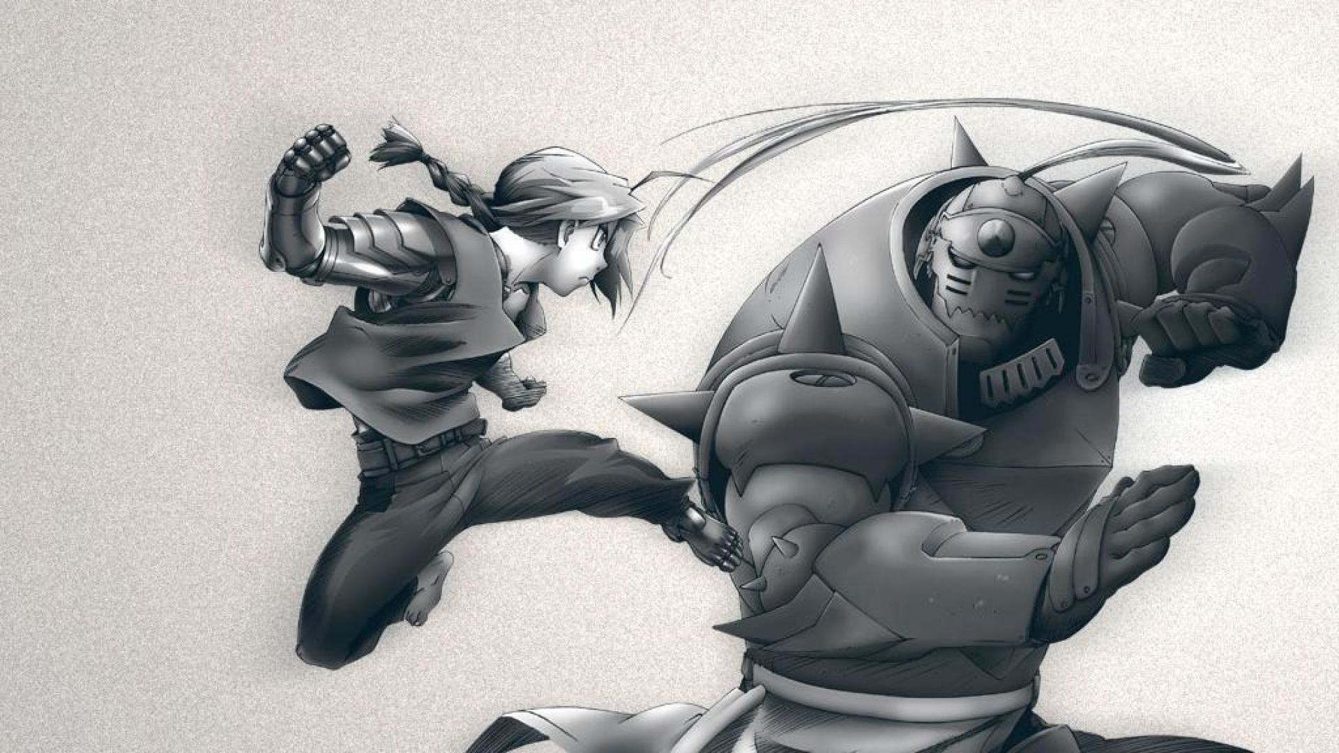 Edward Elric, Alphonse Elric, Fullmetal Alchemist, Combattimento, Bianco e nero, sfondo 1080p