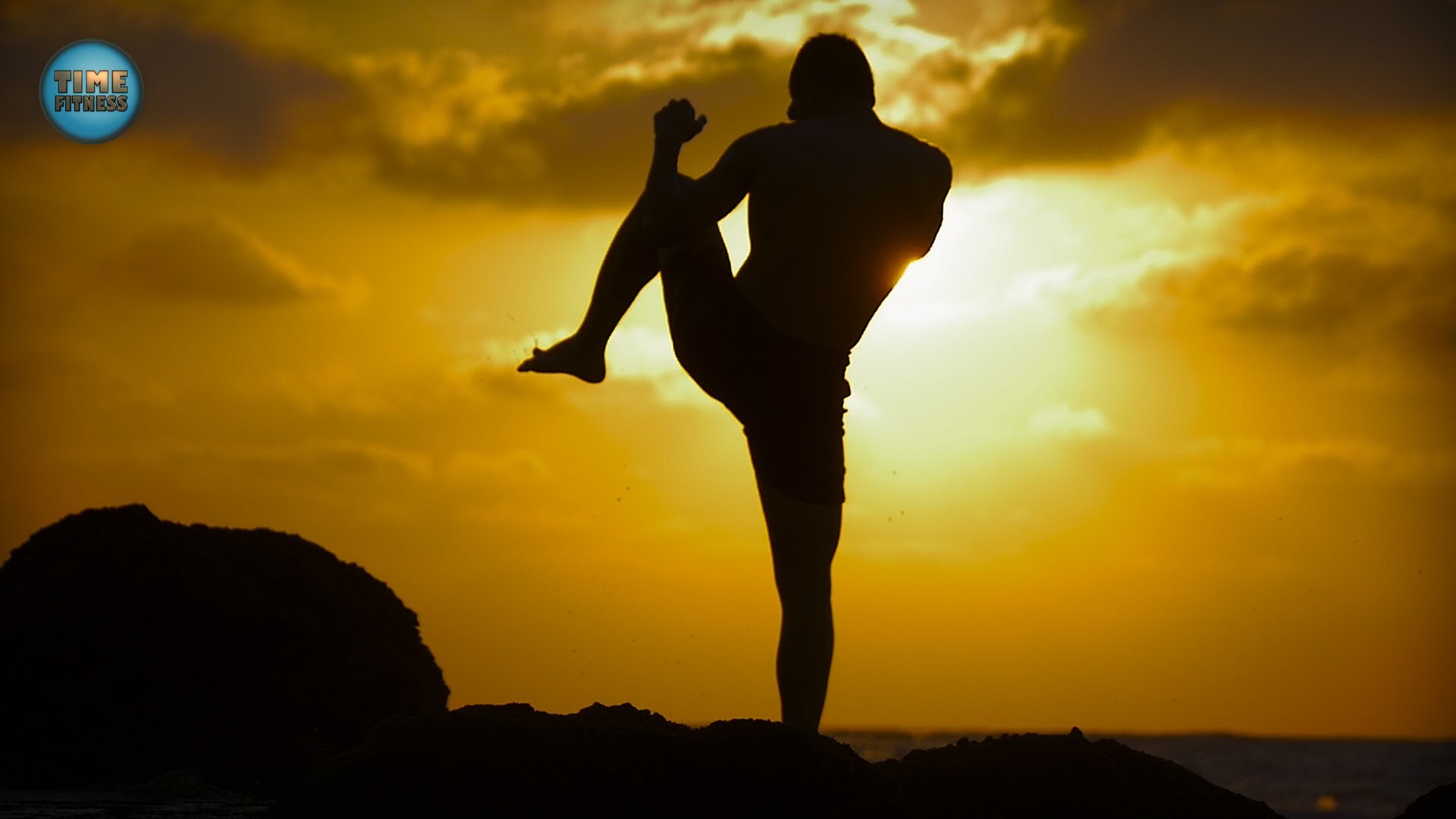 Muay Thai, Silhouette, Ginocchiata, Tramonto, Full HD, wallpaper per PC