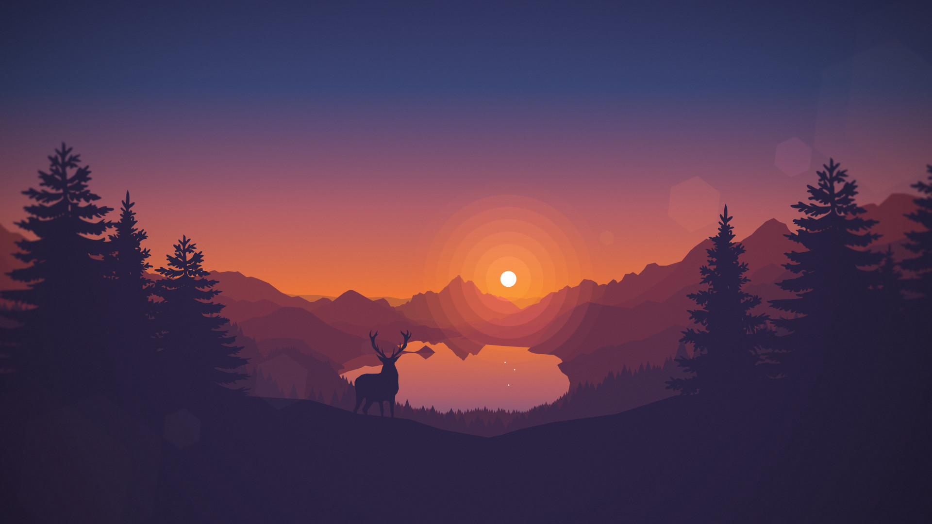 Cervo, Paesaggio minimalista, Tramonto, Montagne, Abeti, Full HD, wallpaper per PC