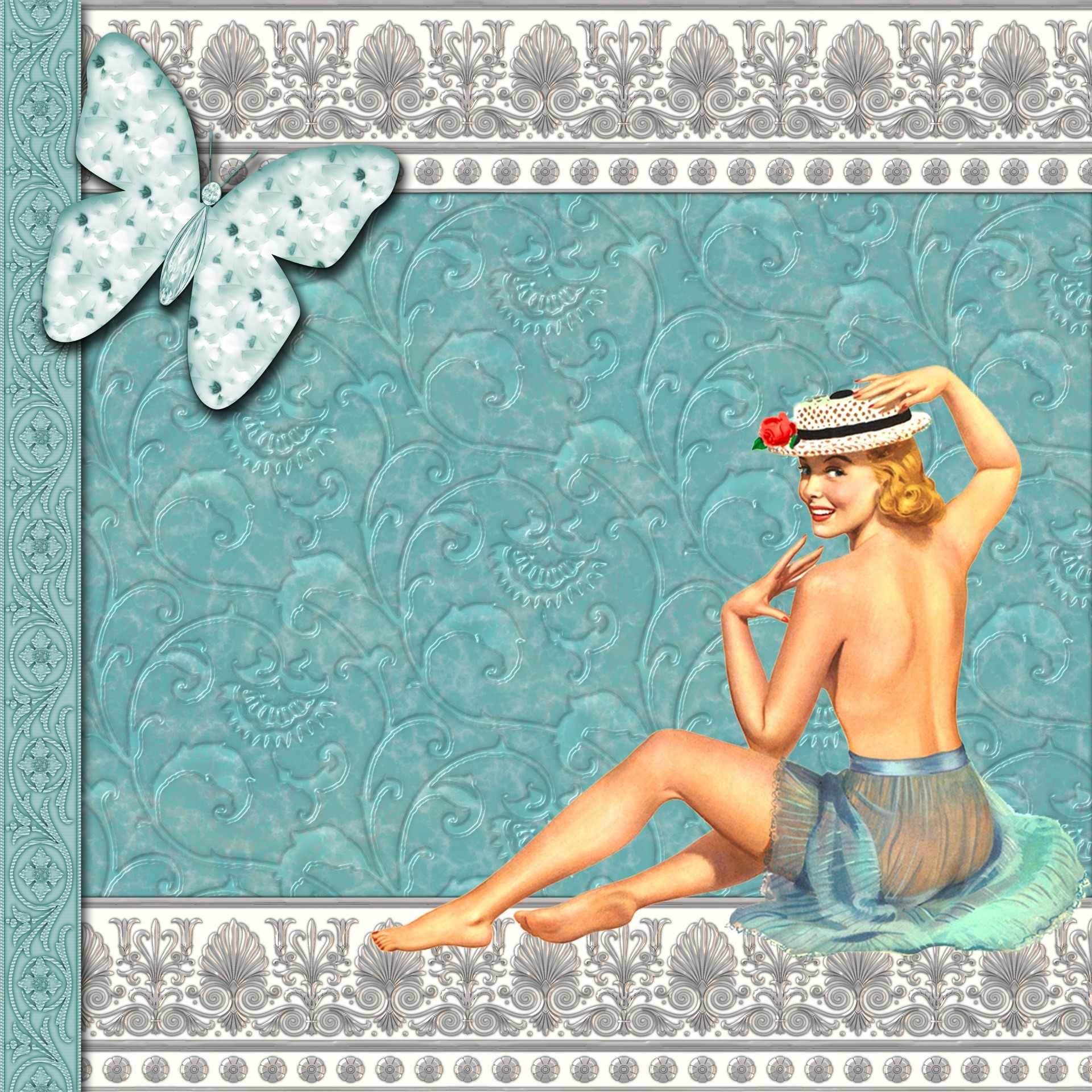 Pin-up, Farfalla, Cornice decorativa, Sfondo turchese, Full HD, schermata di blocco iPad
