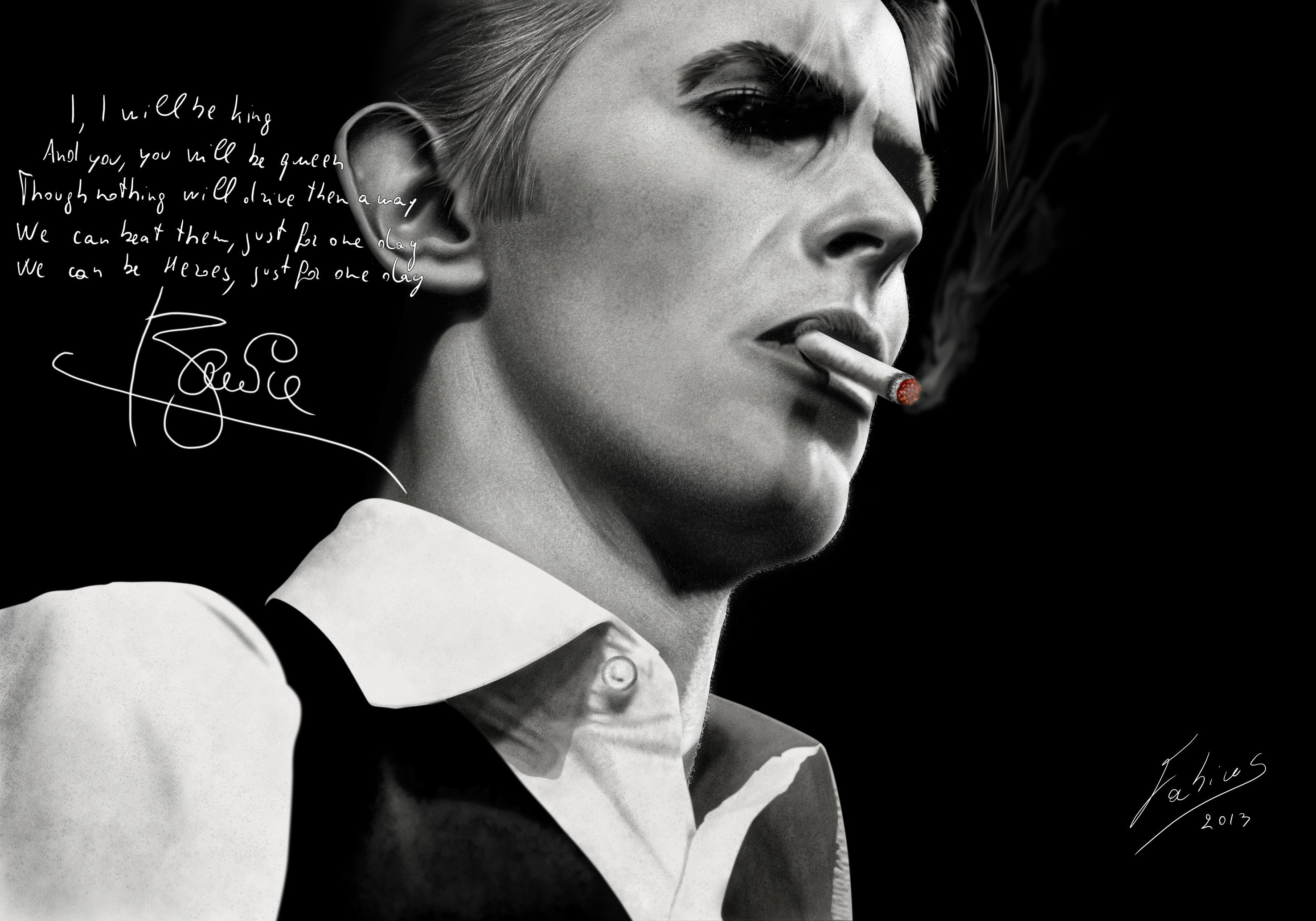 David Bowie, Thin White Duke, Autografo, Sigaretta, Bianco e nero, sfondo 2K per PC